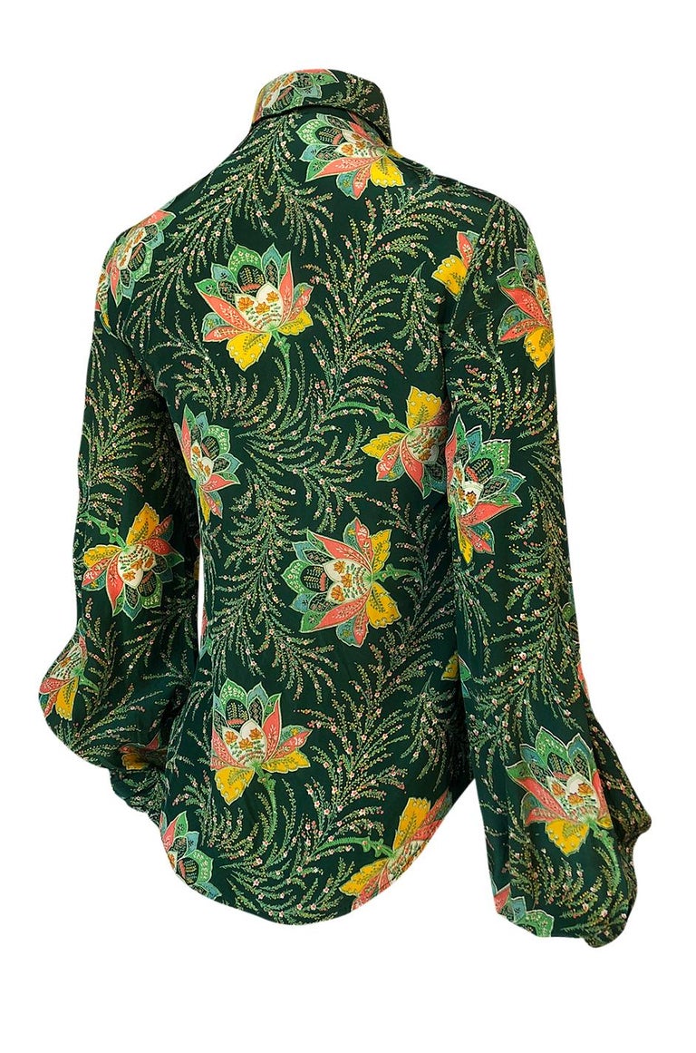 1970s Jeff Banks Green Floral Print Balloon Sleeve Silk Shirt For Sale ...