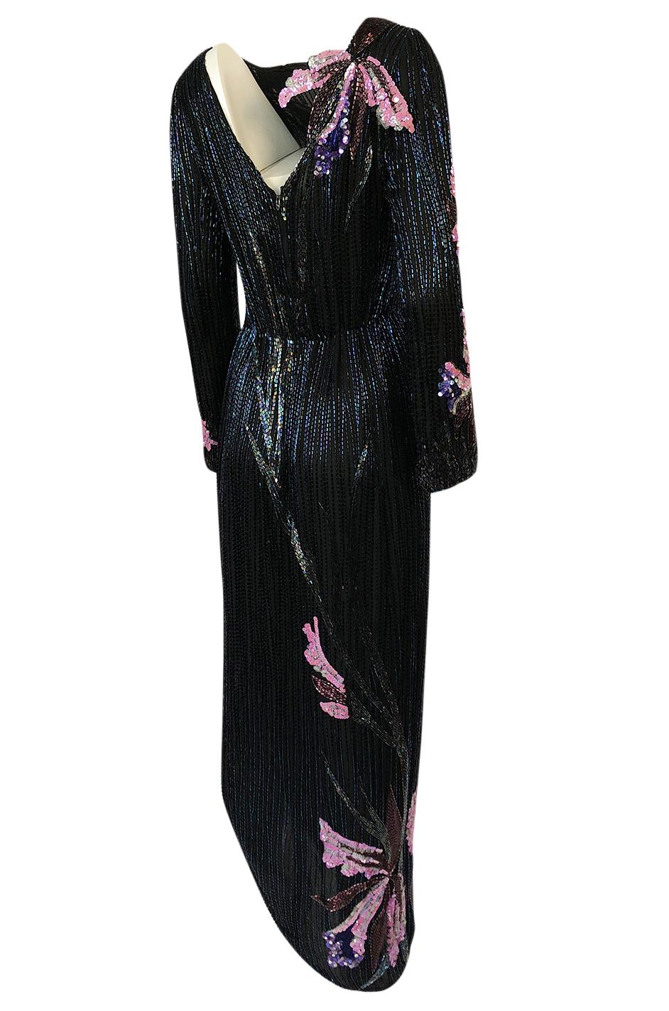 This stunning and rare gown was designed by Bob Mackie. Mackie was best known for dressing Cher and for his undying love of opulence and bead work, both of which he incorporates heavily into the best of his designs. He worked for both Edith Head and