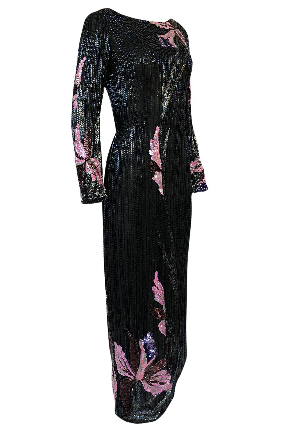 Black Incredible 1970s Bob Mackie Hand Applied Bead & Sequin Silk 'Orchid' Dress