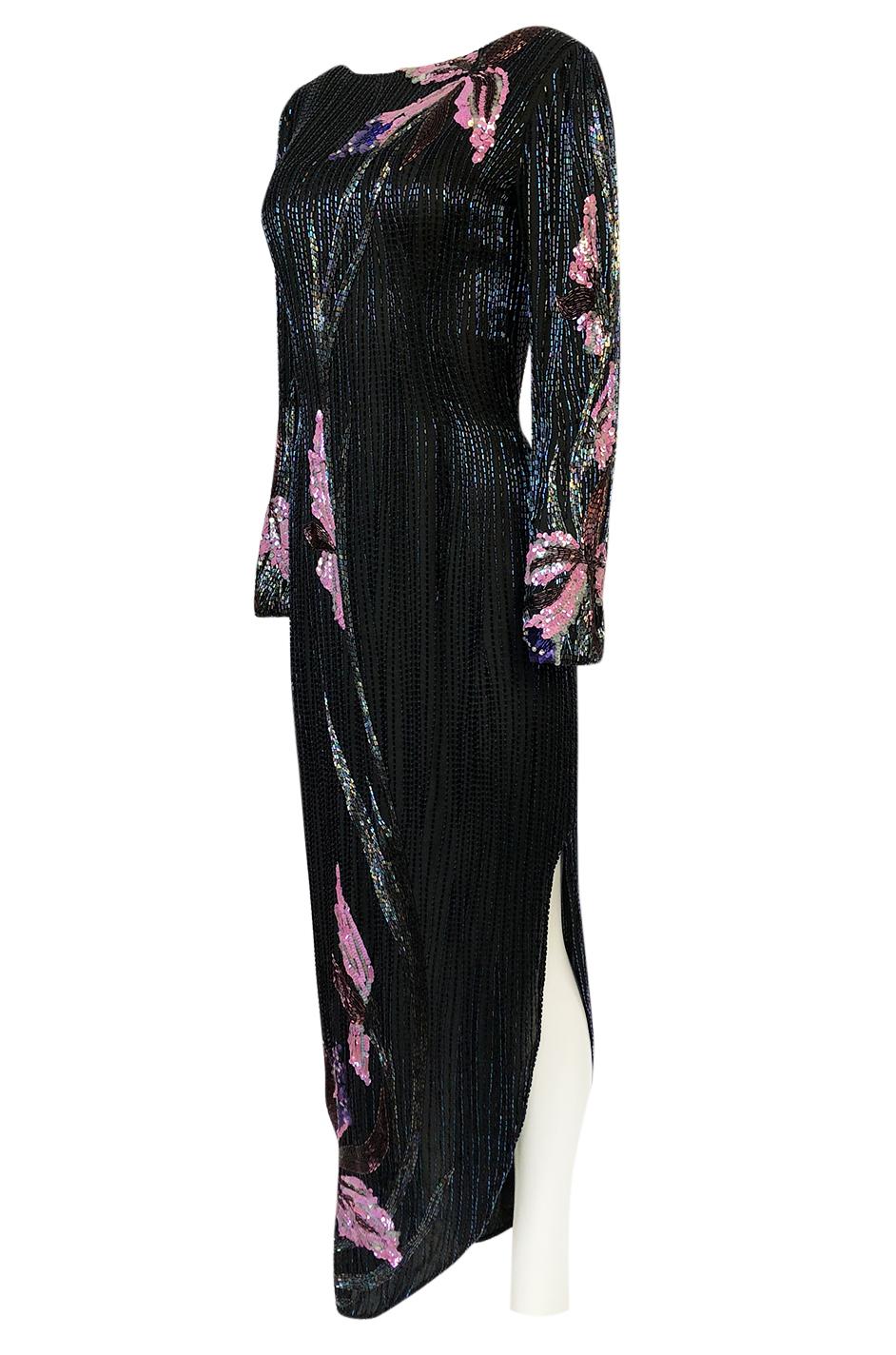 Incredible 1970s Bob Mackie Hand Applied Bead & Sequin Silk 'Orchid' Dress In Excellent Condition In Rockwood, ON