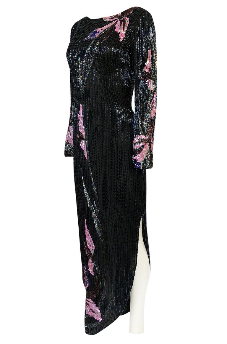 Incredible 1970s Bob Mackie Hand Applied Bead and Sequin Silk 'Orchid ...