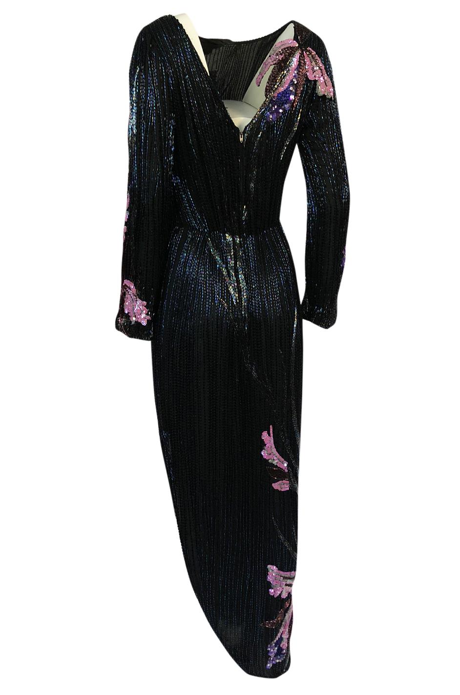 Women's Incredible 1970s Bob Mackie Hand Applied Bead & Sequin Silk 'Orchid' Dress