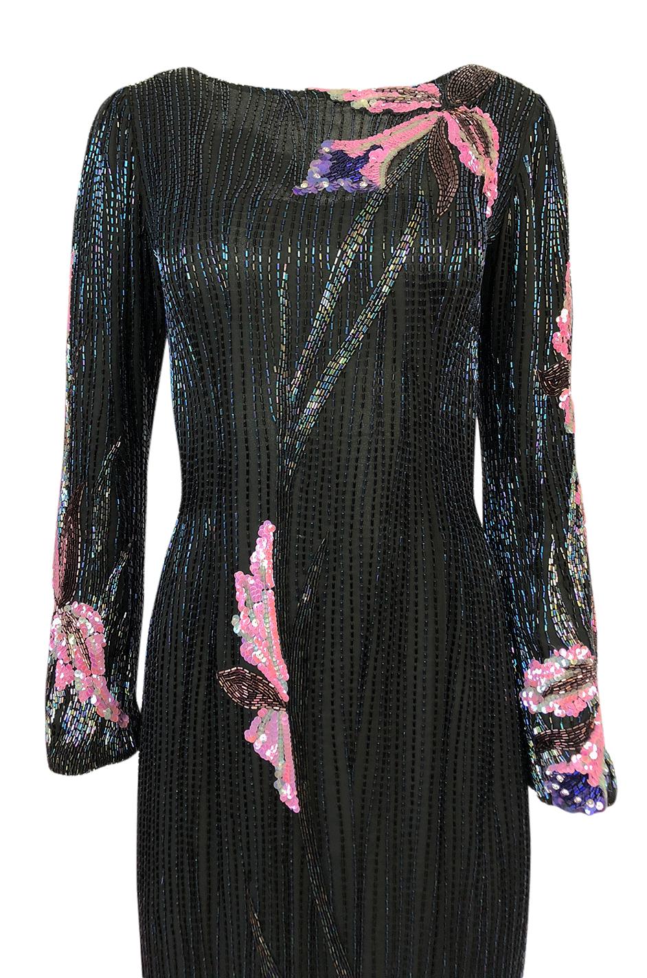 Incredible 1970s Bob Mackie Hand Applied Bead & Sequin Silk 'Orchid' Dress 1