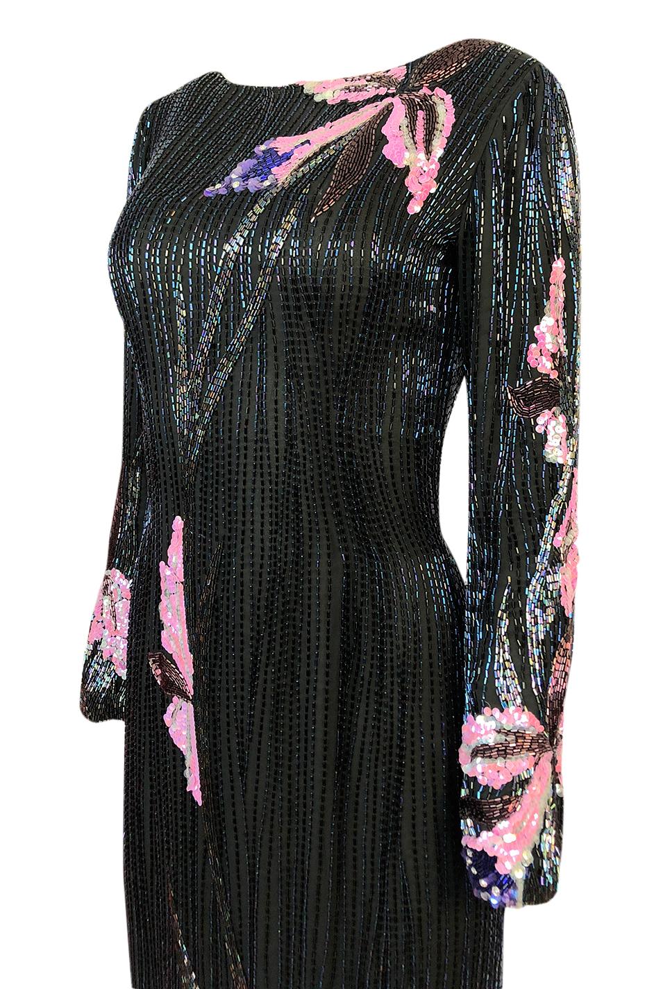 Incredible 1970s Bob Mackie Hand Applied Bead & Sequin Silk 'Orchid' Dress 2