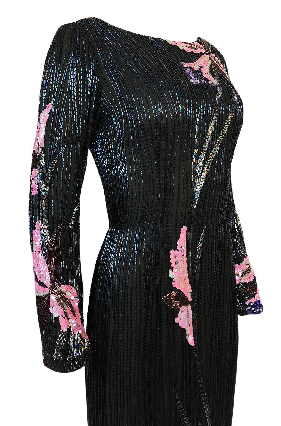 Incredible 1970s Bob Mackie Hand Applied Bead & Sequin Silk 'Orchid' Dress 3