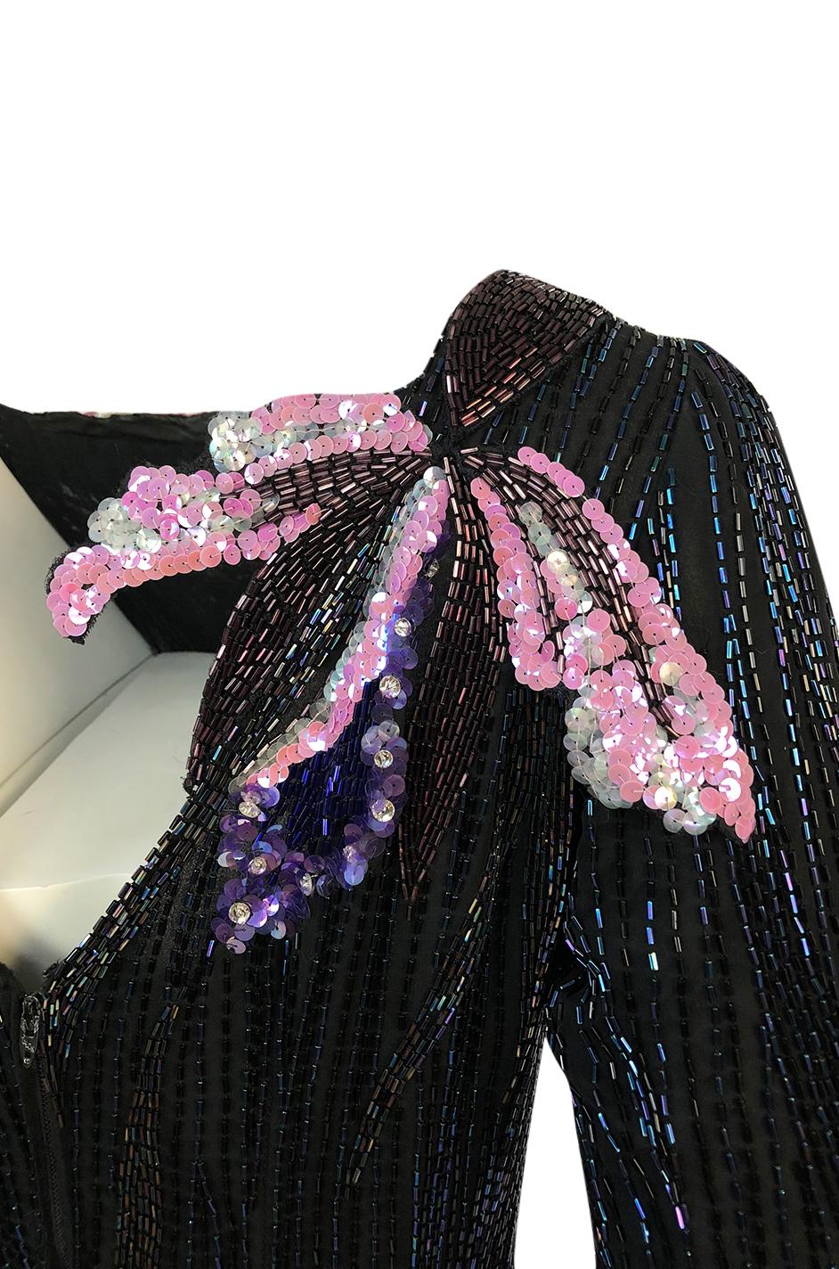 Incredible 1970s Bob Mackie Hand Applied Bead & Sequin Silk 'Orchid' Dress 5