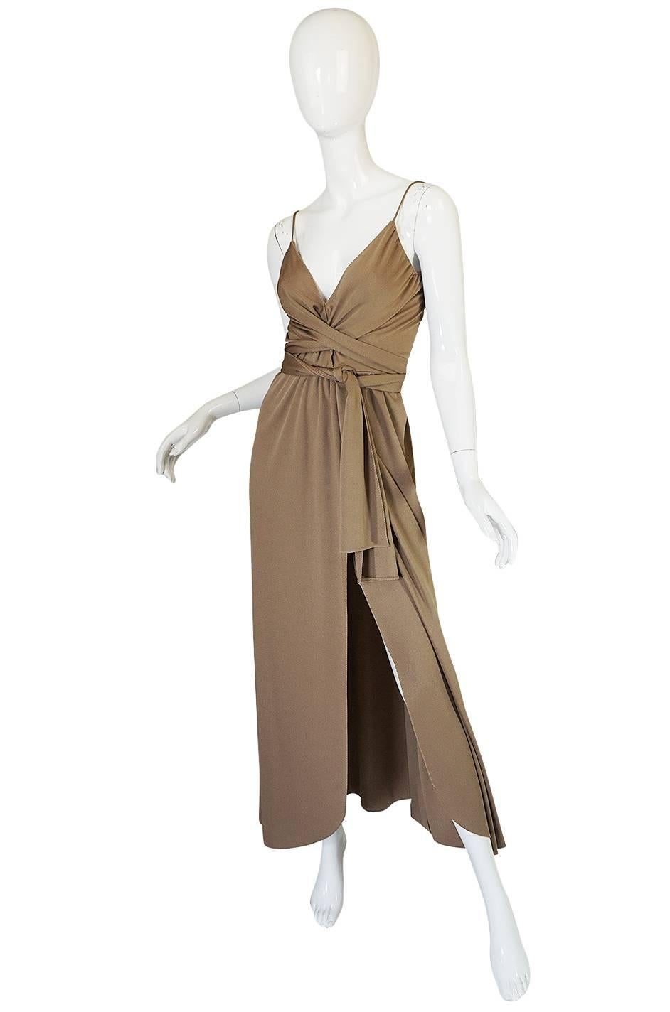 Women's 1970s Stephen Burrows Slinky Taupe Jersey Wrap Dress
