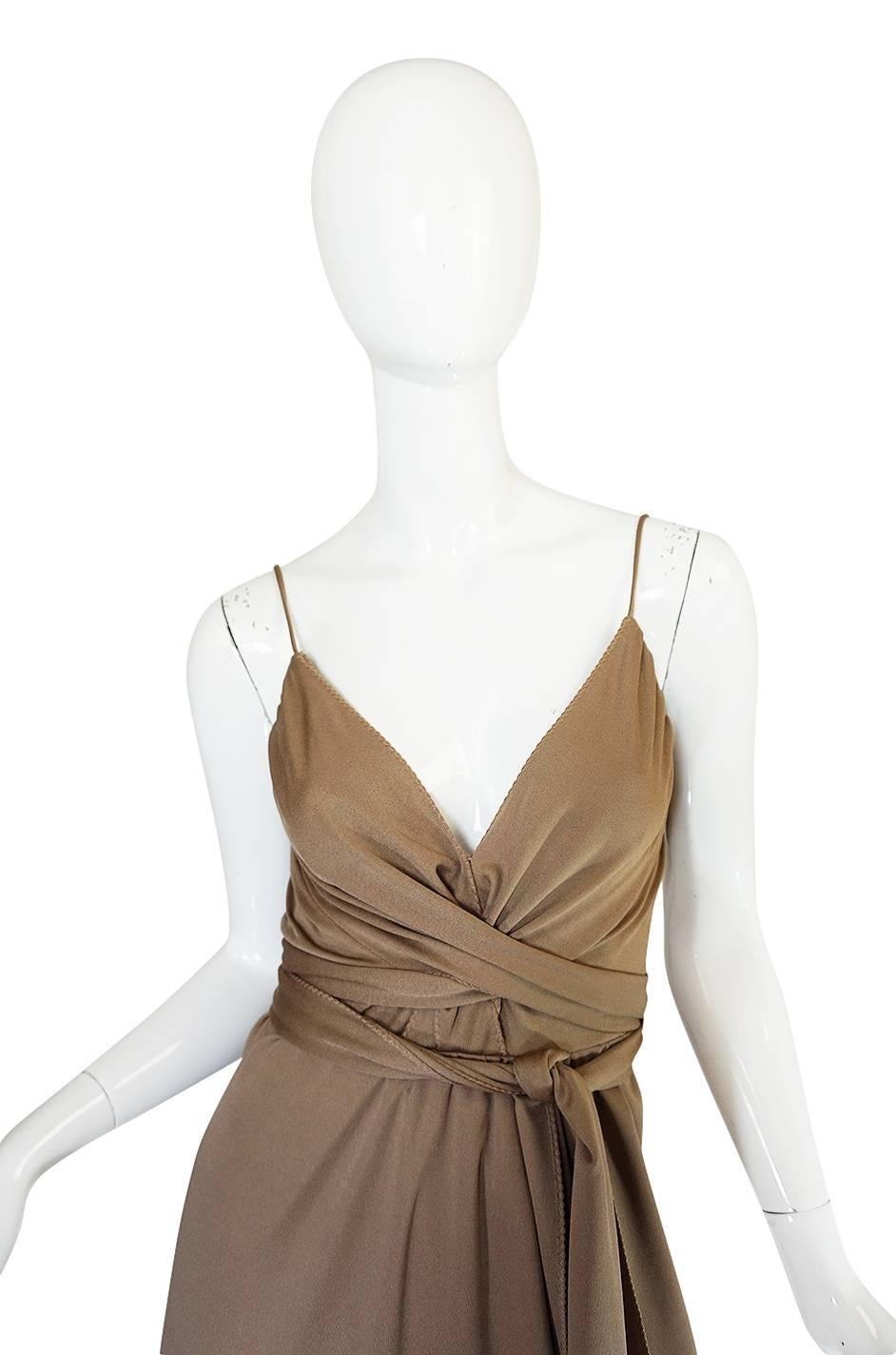 1970s Stephen Burrows Slinky Taupe Jersey Wrap Dress In Excellent Condition In Rockwood, ON