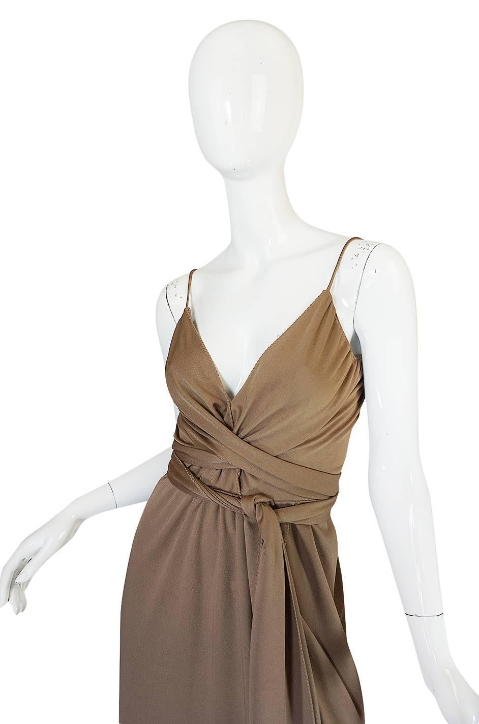 Brown 1970s Stephen Burrows Slinky Taupe Jersey Wrap Dress