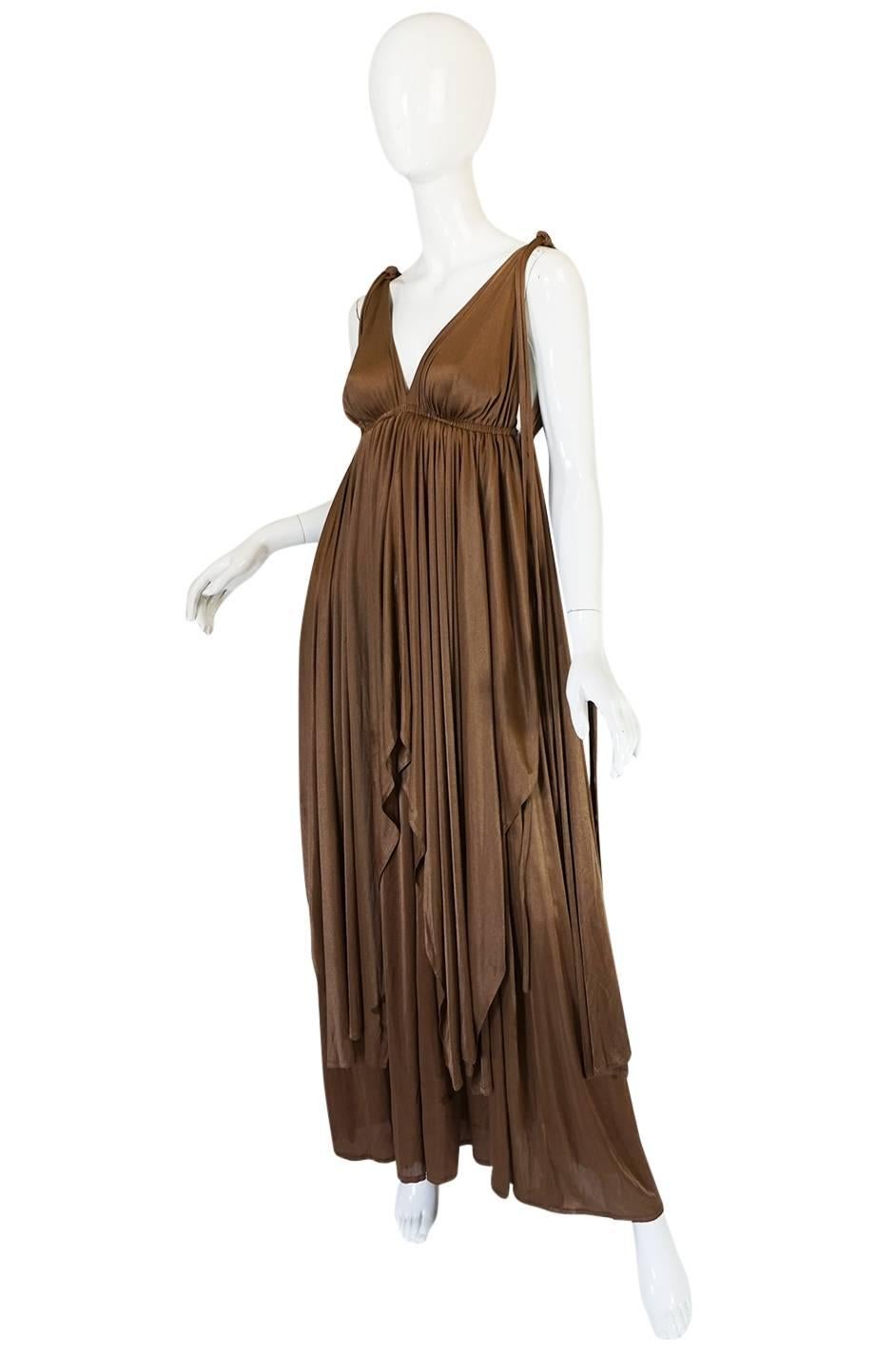 Brown Superb 1970s Grecian Goddess Frank Usher Jersey Dress