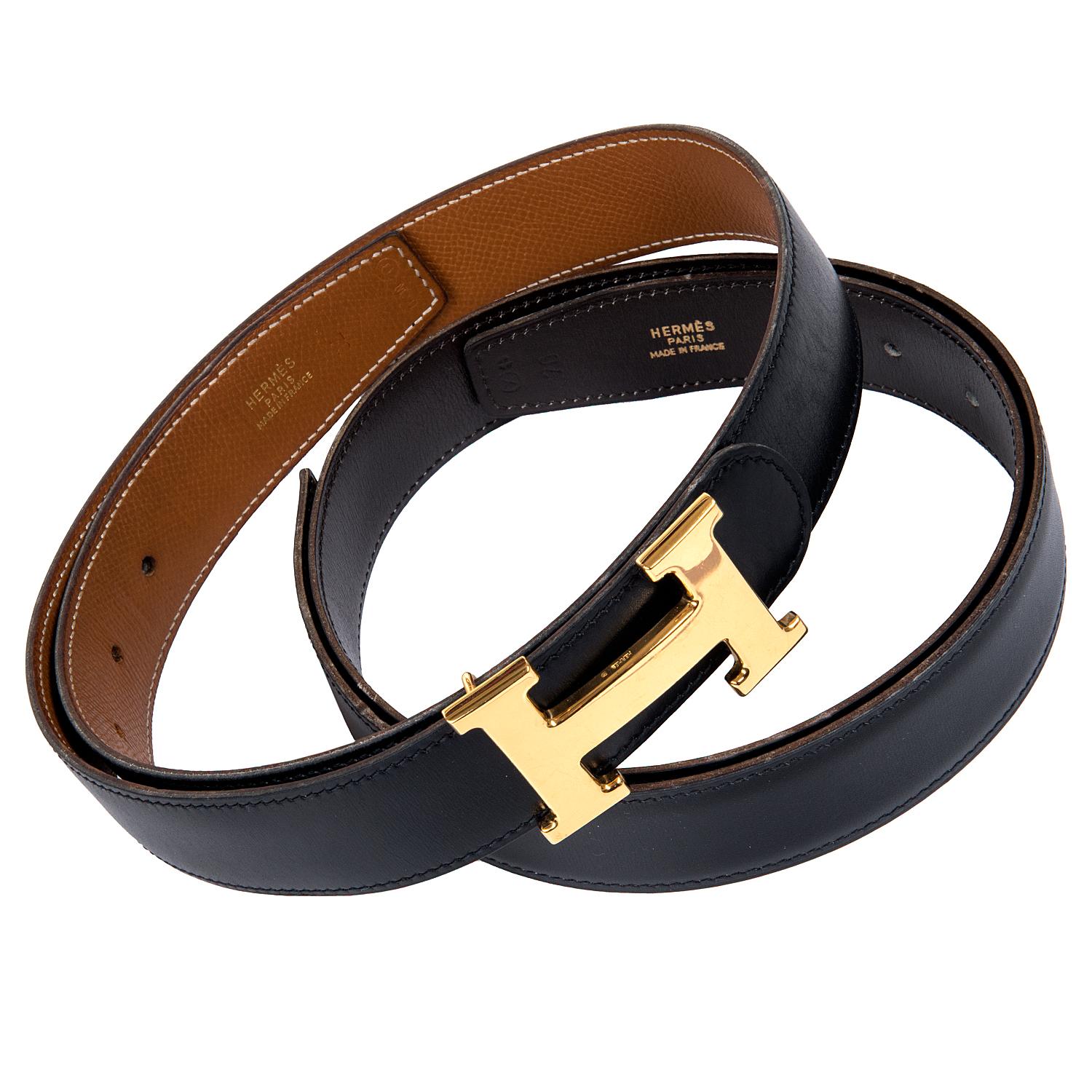 Two Hermes Reversible Vintage Belts 70cm - Tan/Black & Choc/Black Gold H Buckle