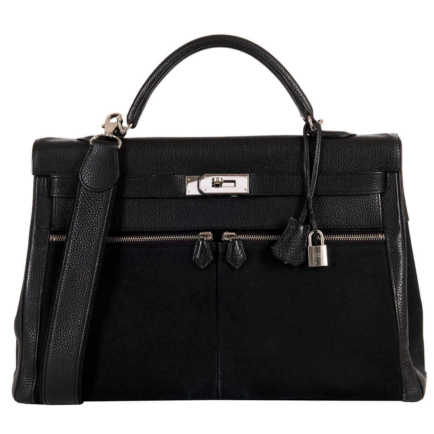 Rare Hermes 40cm Black on Black kelly 'Lakis' Bag with Palladium Hardware