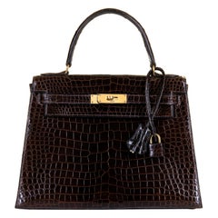 hermes condition pristine Pristine Hermes 28cm Kelly Dark Brown Crocodile Bag - Gold Hardware