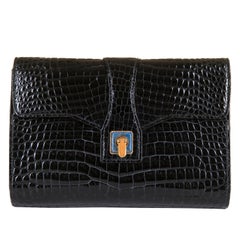 Very Rare Vintage Gucci Black Crocodile Clutch with a Lapis Lazuli Clasp