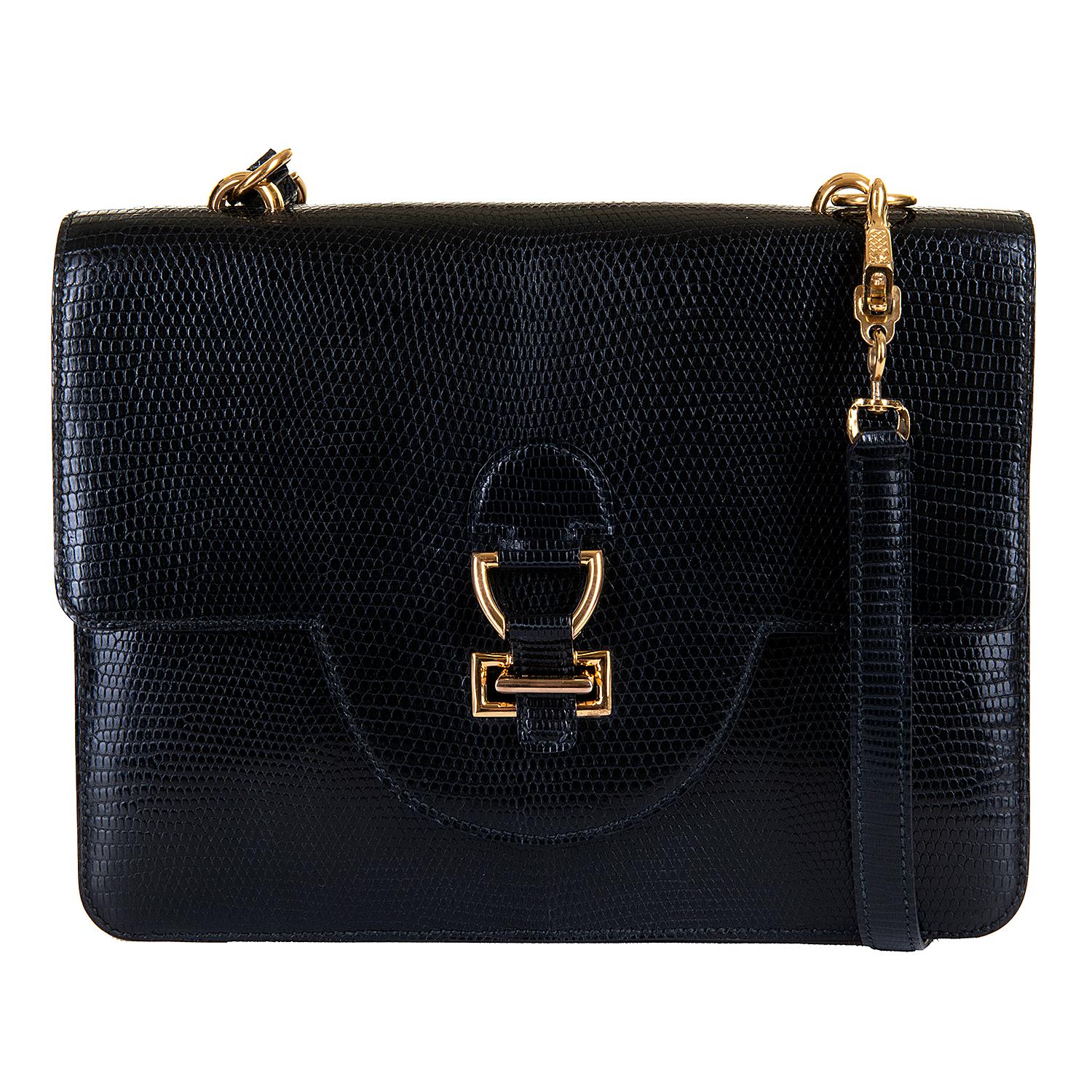 Hermes Vintage Black Lizard Shoulder Bag - Vintage Lux