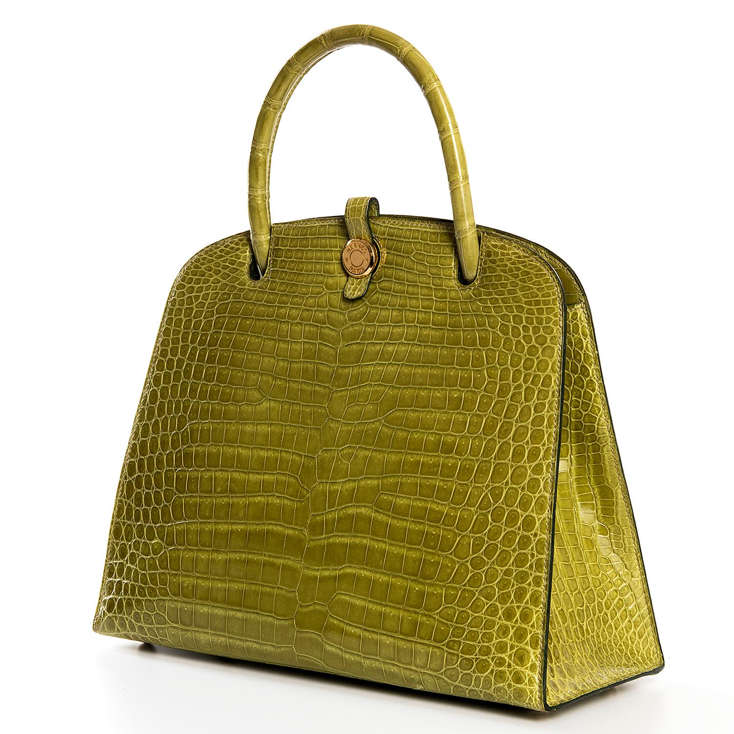 Hermes Crocodile Sac Dalvy Vert Chartreuse with Gold 30cm Bag 2