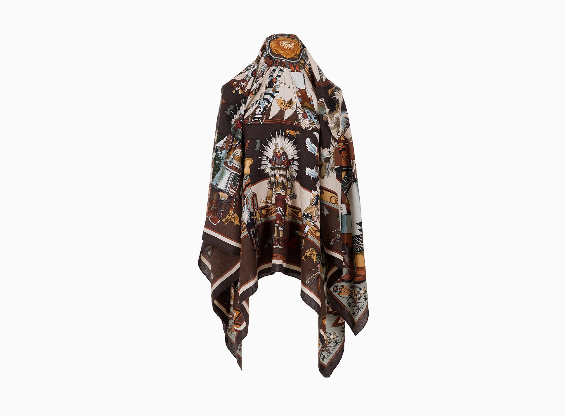 Hermes Vintage Silk and Cashmere Kachinas Shawl by Kermit Oliver In Excellent Condition In London, GB