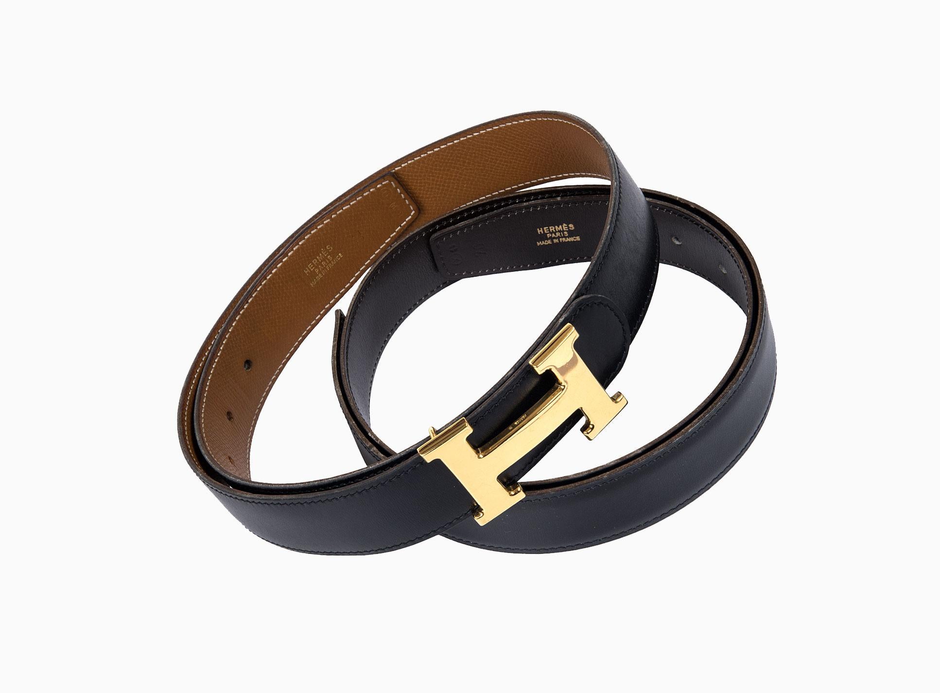 Two Hermes Reversible Vintage Belts 70cm - Tan/Black & Choc/Black Gold H Buckle (Schwarz)
