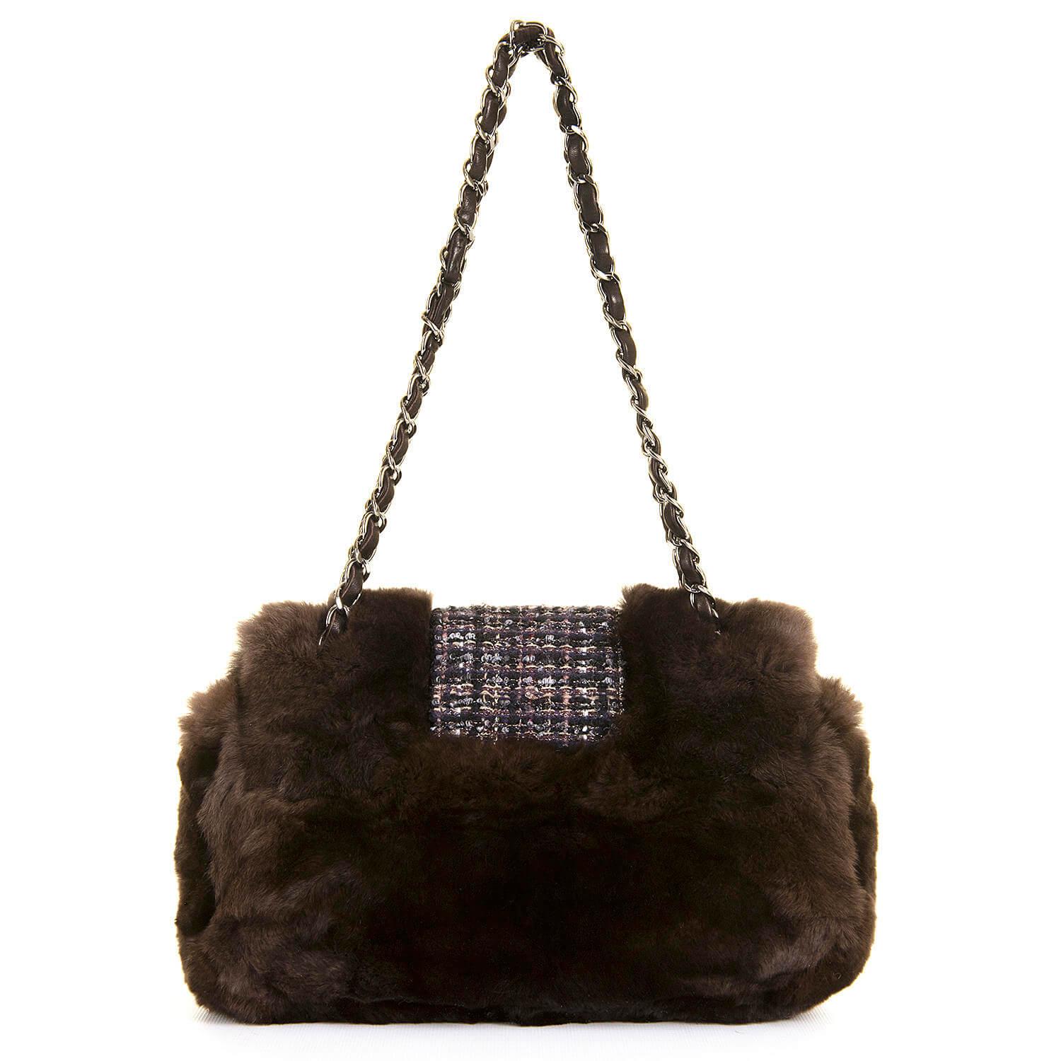 A Rare, Limited Edition, ' Sac Classique' Shoulder Bag by Karl Lagerfeld for Chanel, finished in Choclate Brown Fur with pastel check Tweed, accented with Silver Palladium hardware. The flap is fitted with a 'Madamoiselle' clasp with the interior of