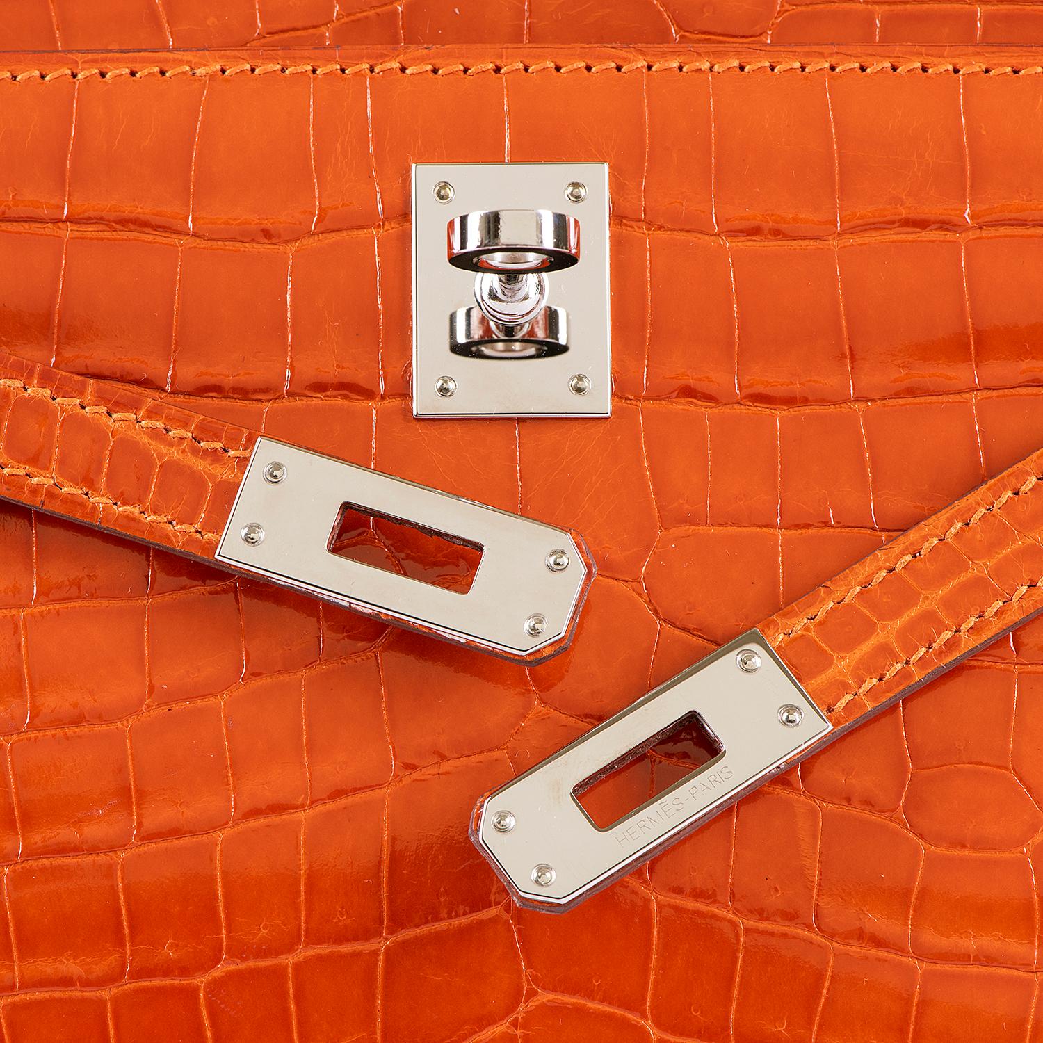 Red  Hermes Mini Kelly Crocodile Clutch in Orange with Silver Palladium Hardware 
