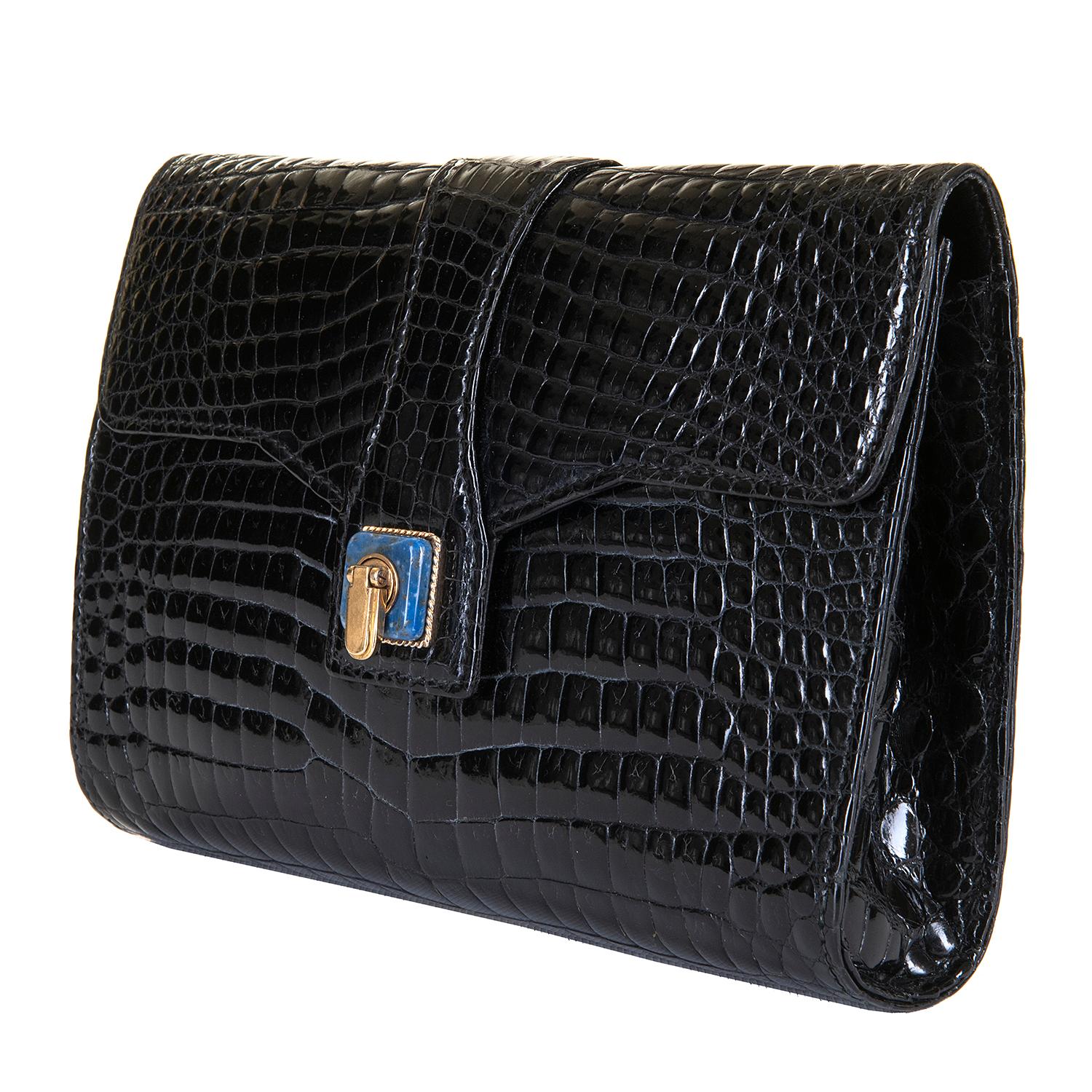 Very Rare Vintage Gucci Black Crocodile Clutch with a Lapis Lazuli Clasp In Excellent Condition In London, GB