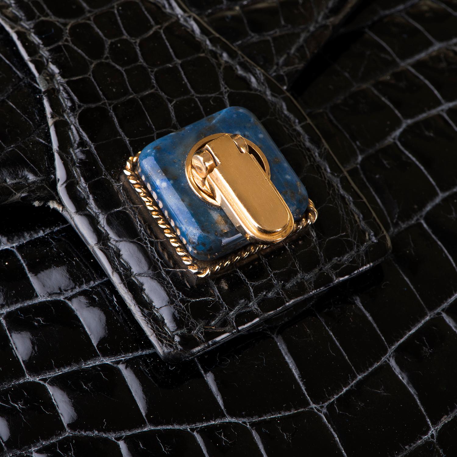 Women's Very Rare Vintage Gucci Black Crocodile Clutch with a Lapis Lazuli Clasp