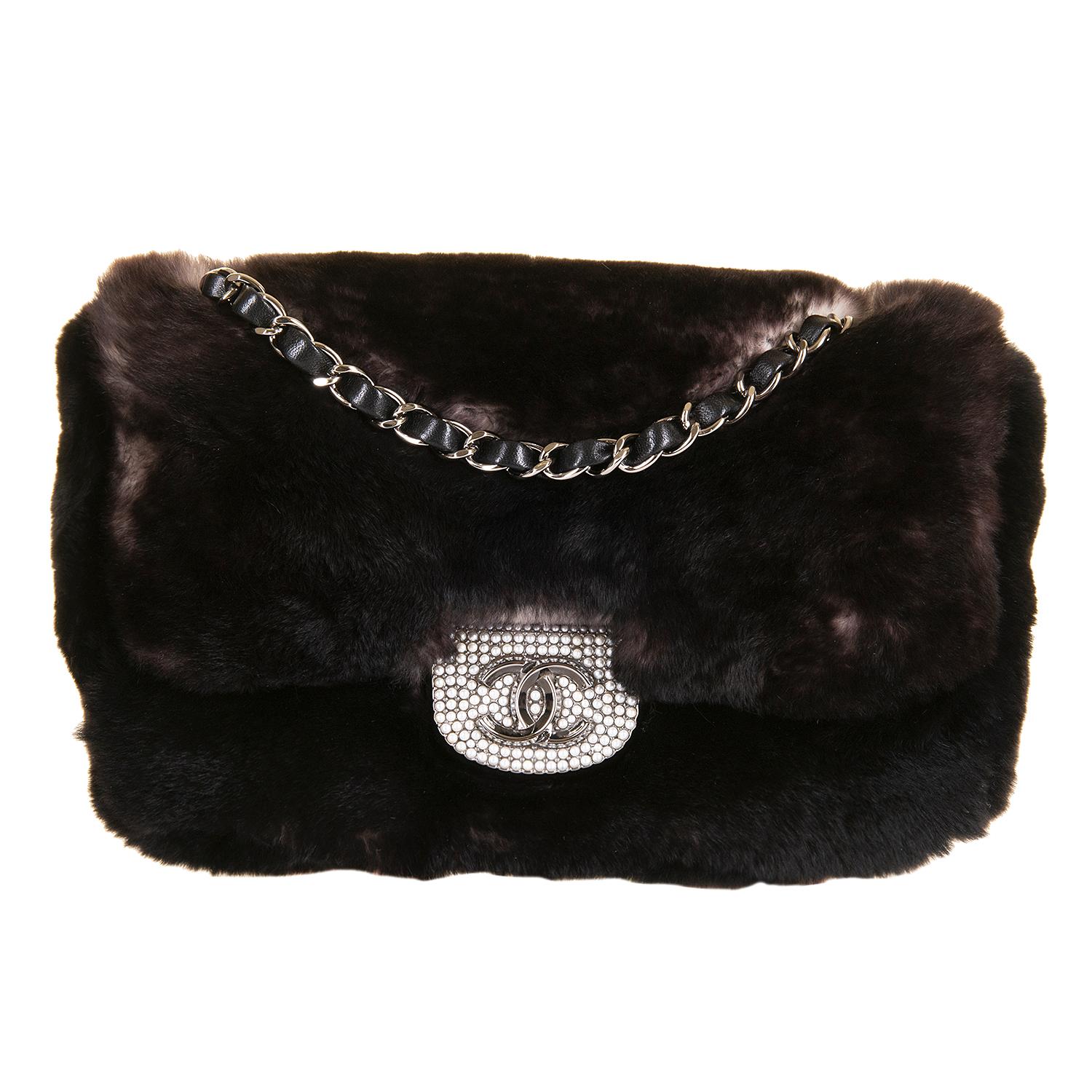 Black Stunning Chanel Runway 26cm 'Orylag' Fur Bag with Freshwater Pearl Clasp