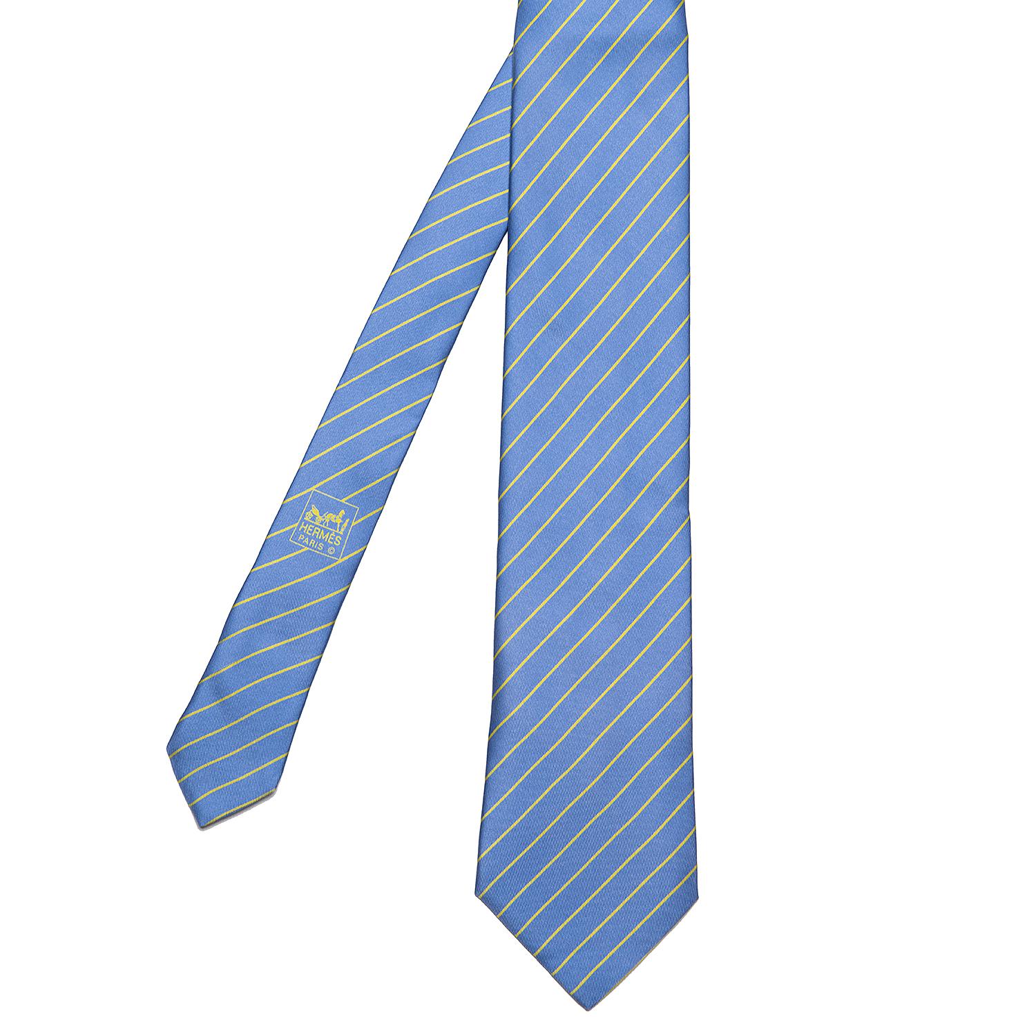 A superb Vintage Hermes Silk Tie, with Yellow diagonal Stripes on a Cambridge Blue ground. In pristine condition.  