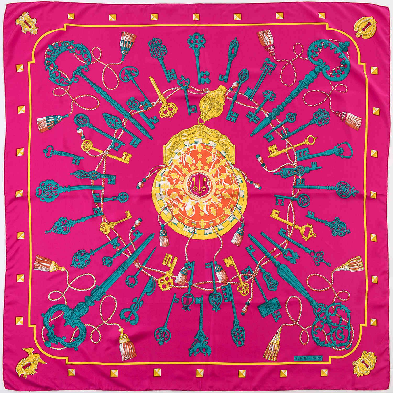 Red Stunning Hermes 140cm Silk Shawl 'Les Clefs' by Caty Latham
