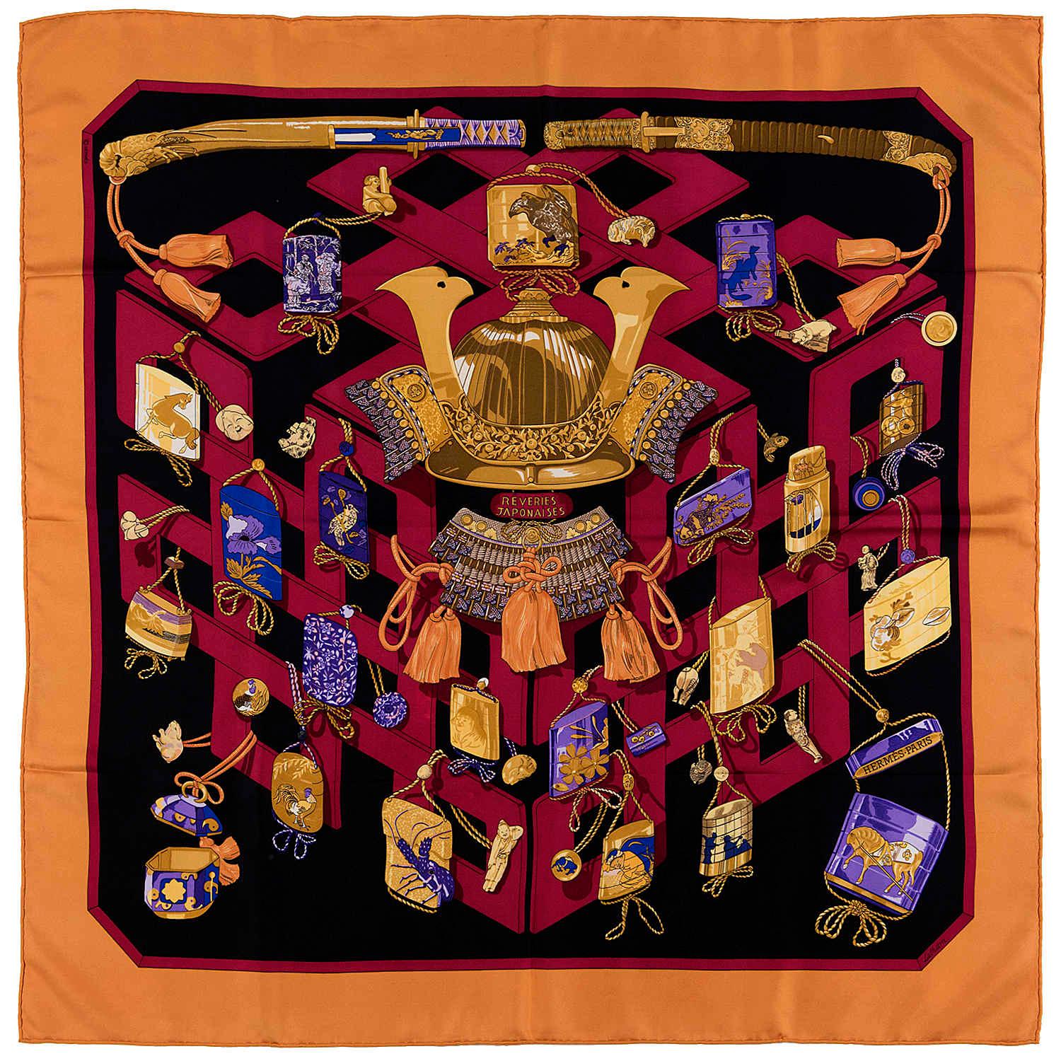 Brown Very Rare Vintage Hermes Silk Scarf 'Reveries Japonaises' by Caty Latham For Sale