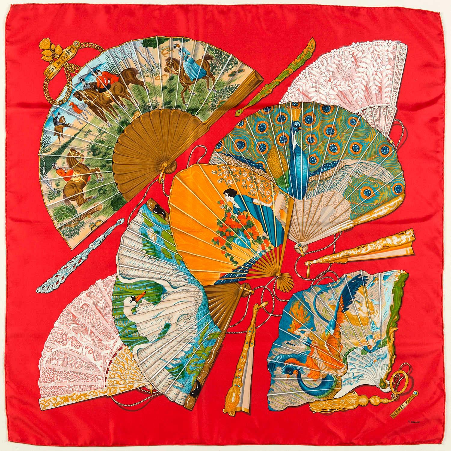 'Brise de Charme' by Julia Abadie. In pristine condition, this is just the most magical, rare, Hermes vintage silk scarf. Decorated with intense colours, depicting exotic 'Fans', its a must-have piece for serious collectors and a great accessory for
