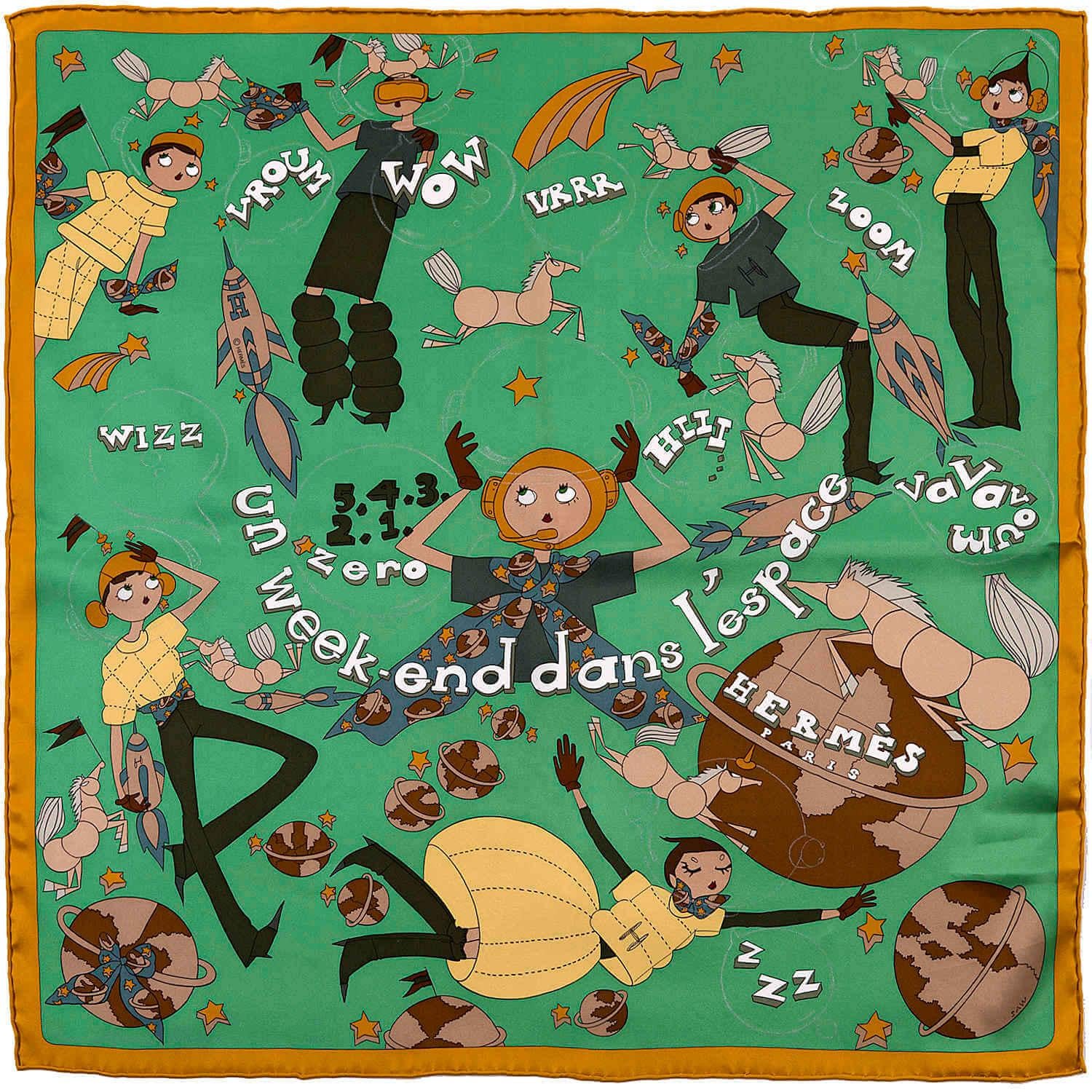 An unusual and rare Hermes silk scarf, 'Un week-end dans l'espace' by Hermes guest designer Saw Keng. The designer seems to have designed a scarf depicting a busy, fun weekend - depending, of course, on your point of view. The scarf is in absolutely