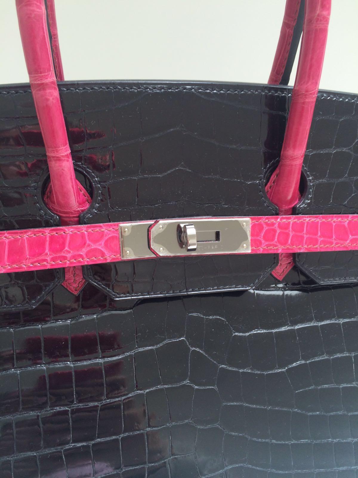 Women's Hermes Black and fuchsia shiny crocodile Birkin 35cm Bag For Sale