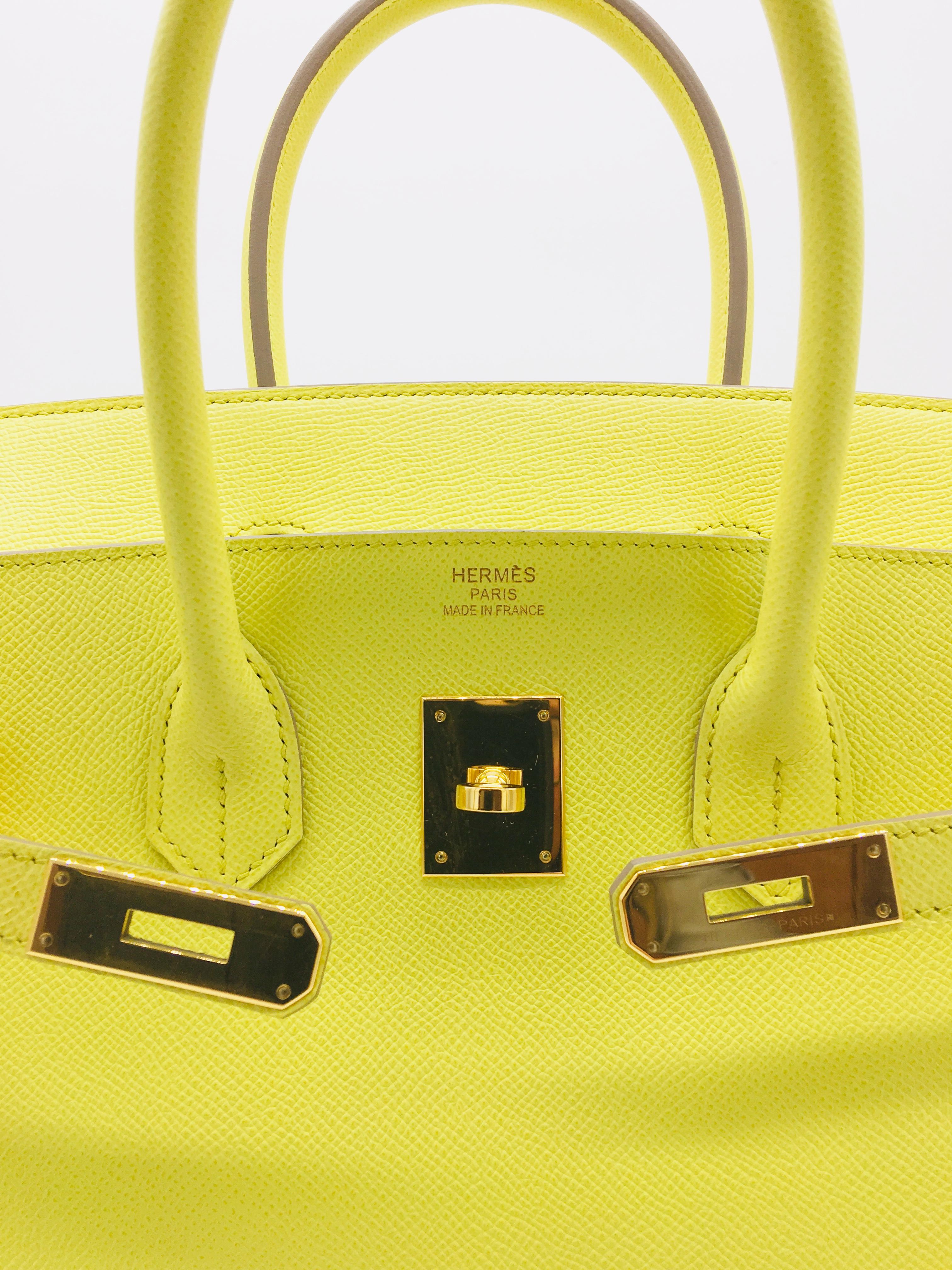 Soufre is a great colour for spring and summer, a lovely fresh yellow which is rarely seen these days.  This 35cm Preloved (2013) Birkin is in Epsom leather with Gold Hardware.  It is in good condition, we’d rate it at 8/10.  Full measurements are: 