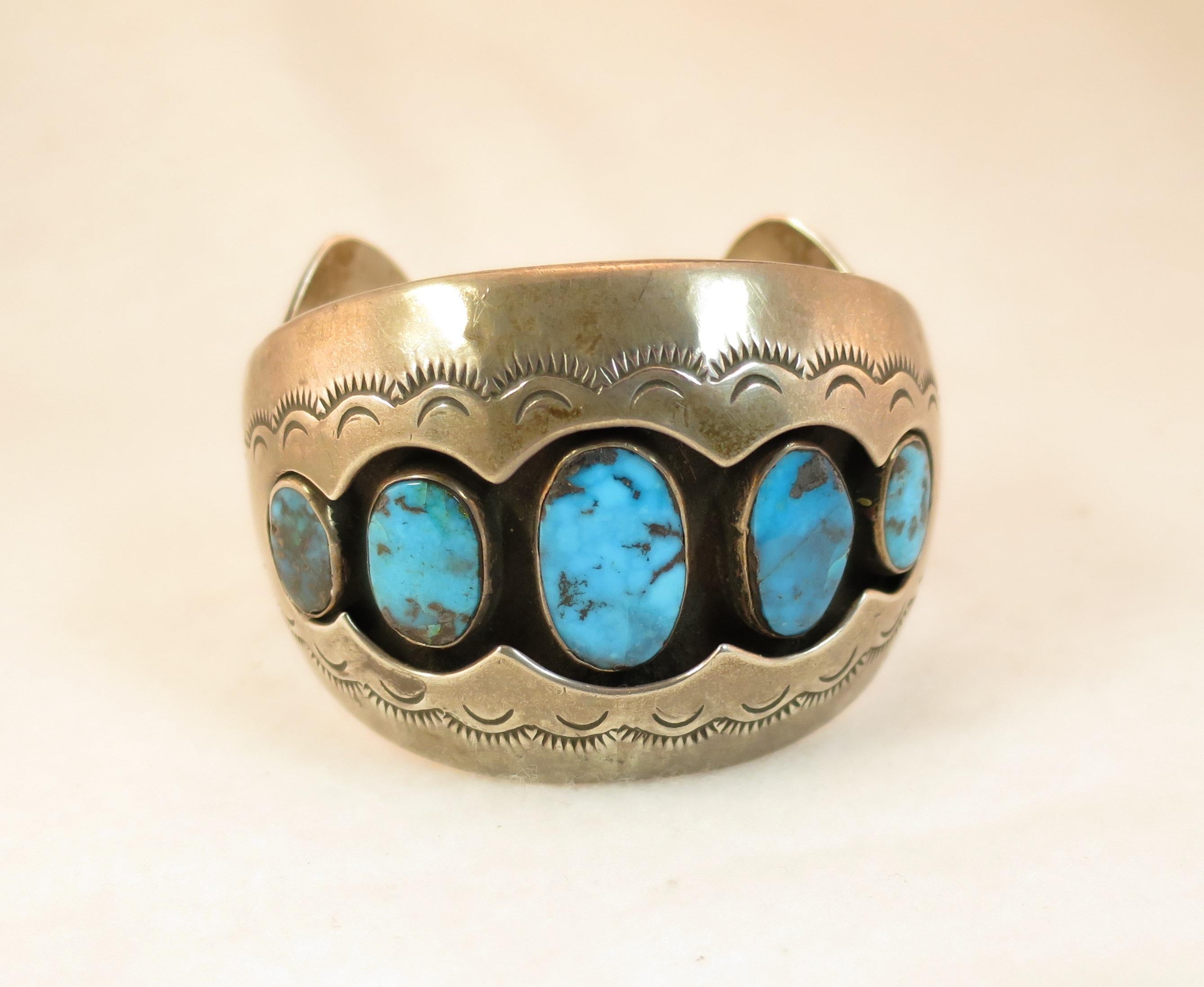 Native American Zuni Turquoise & Sterling Cuff Bracelet, Mabel Watson 1970s For Sale 3