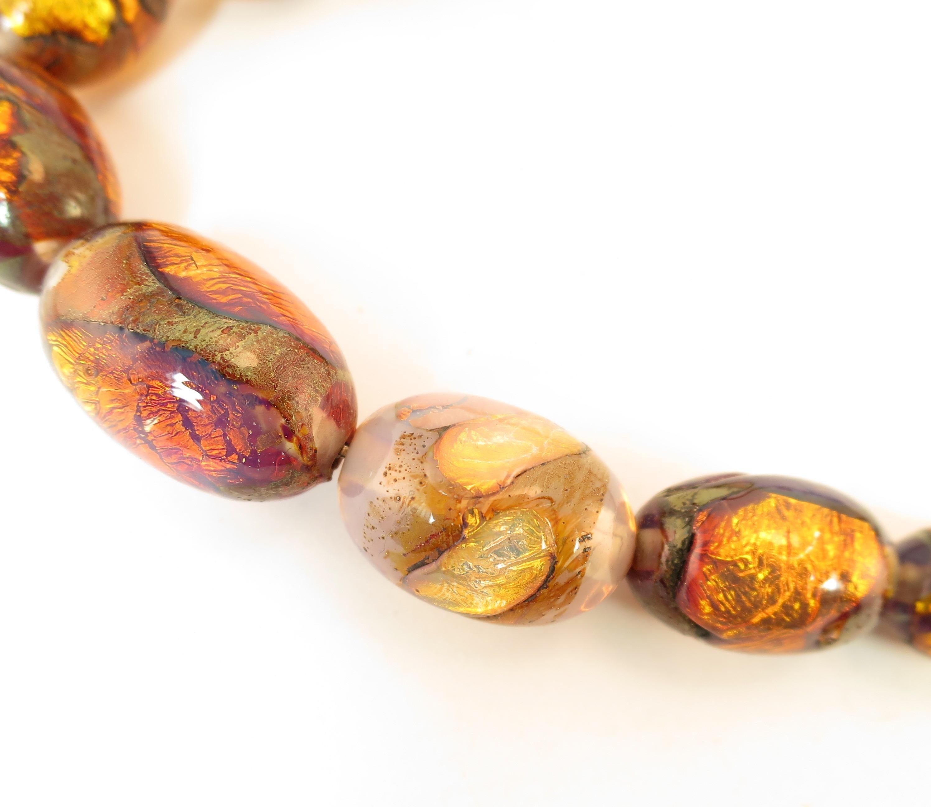 Women's Venetian Fire Opal Foiled Glass Bead Necklace 1950s For Sale