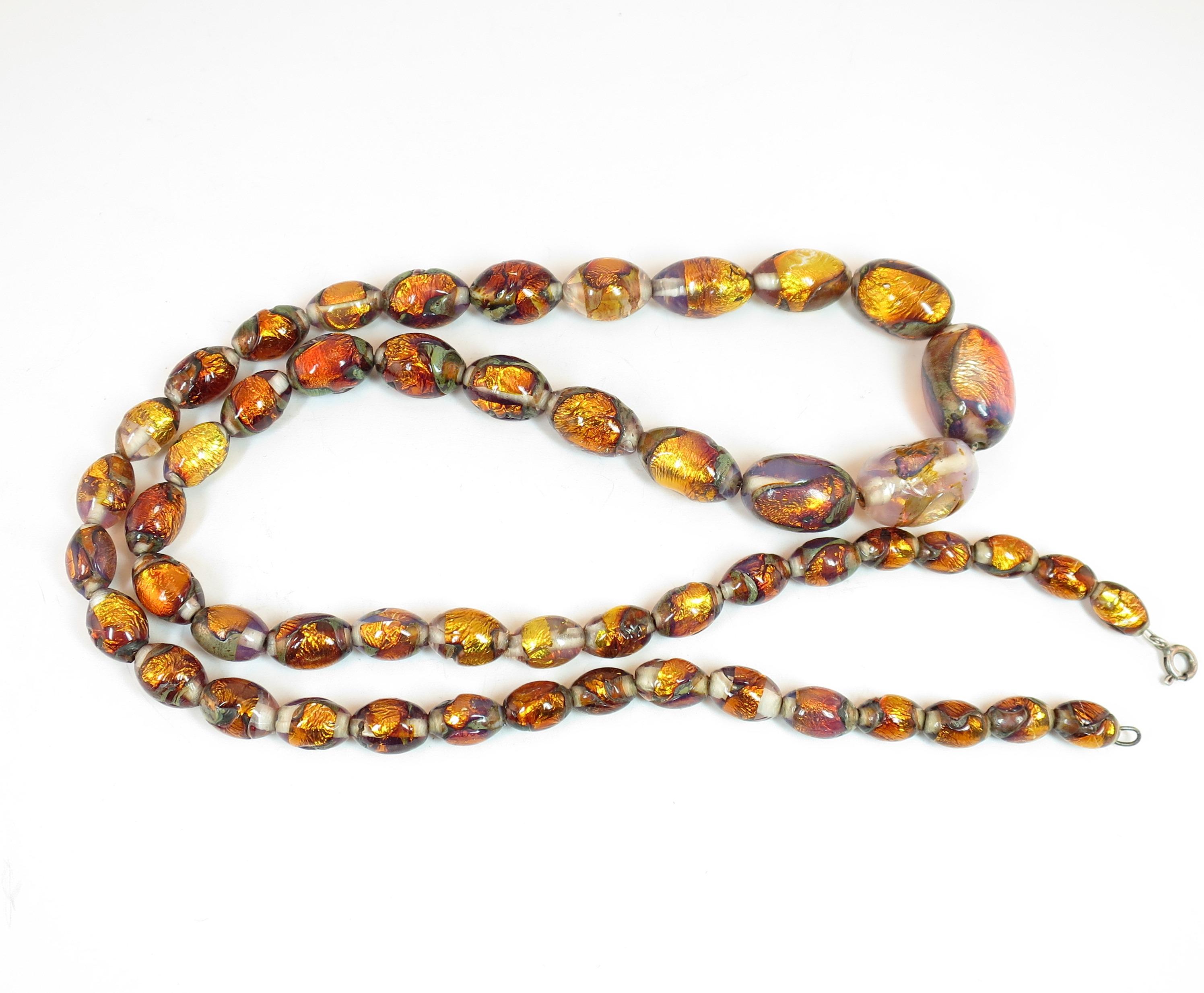 Venetian Fire Opal Foiled Glass Bead Necklace 1950s For Sale 1