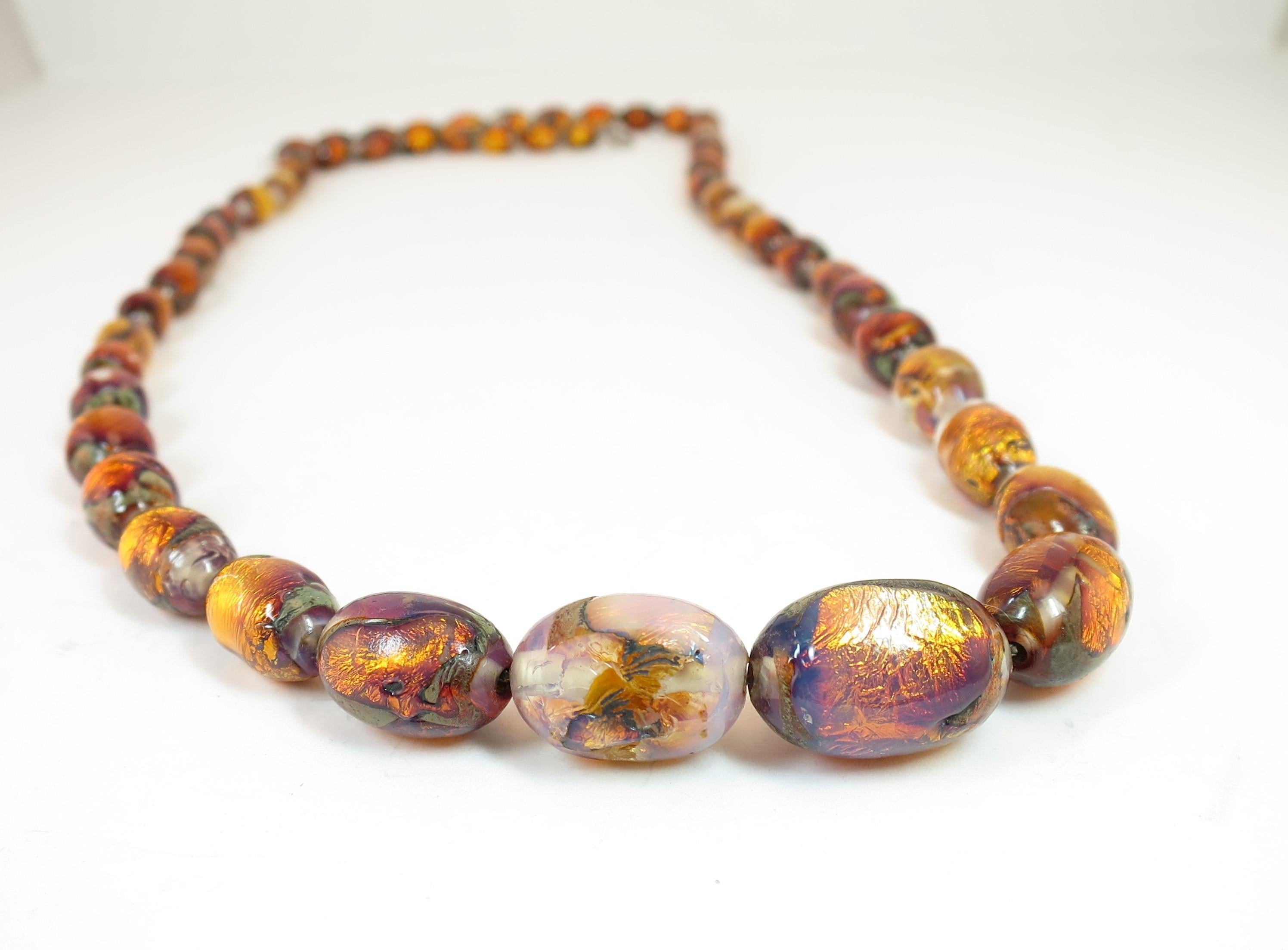 Venetian Fire Opal Foiled Glass Bead Necklace 1950s For Sale 2
