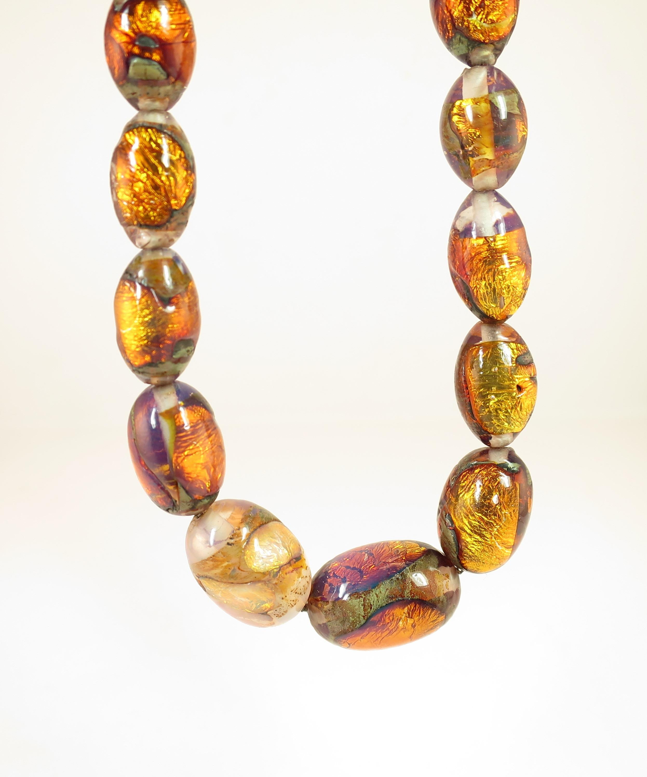 Venetian Fire Opal Foiled Glass Bead Necklace 1950s For Sale 3