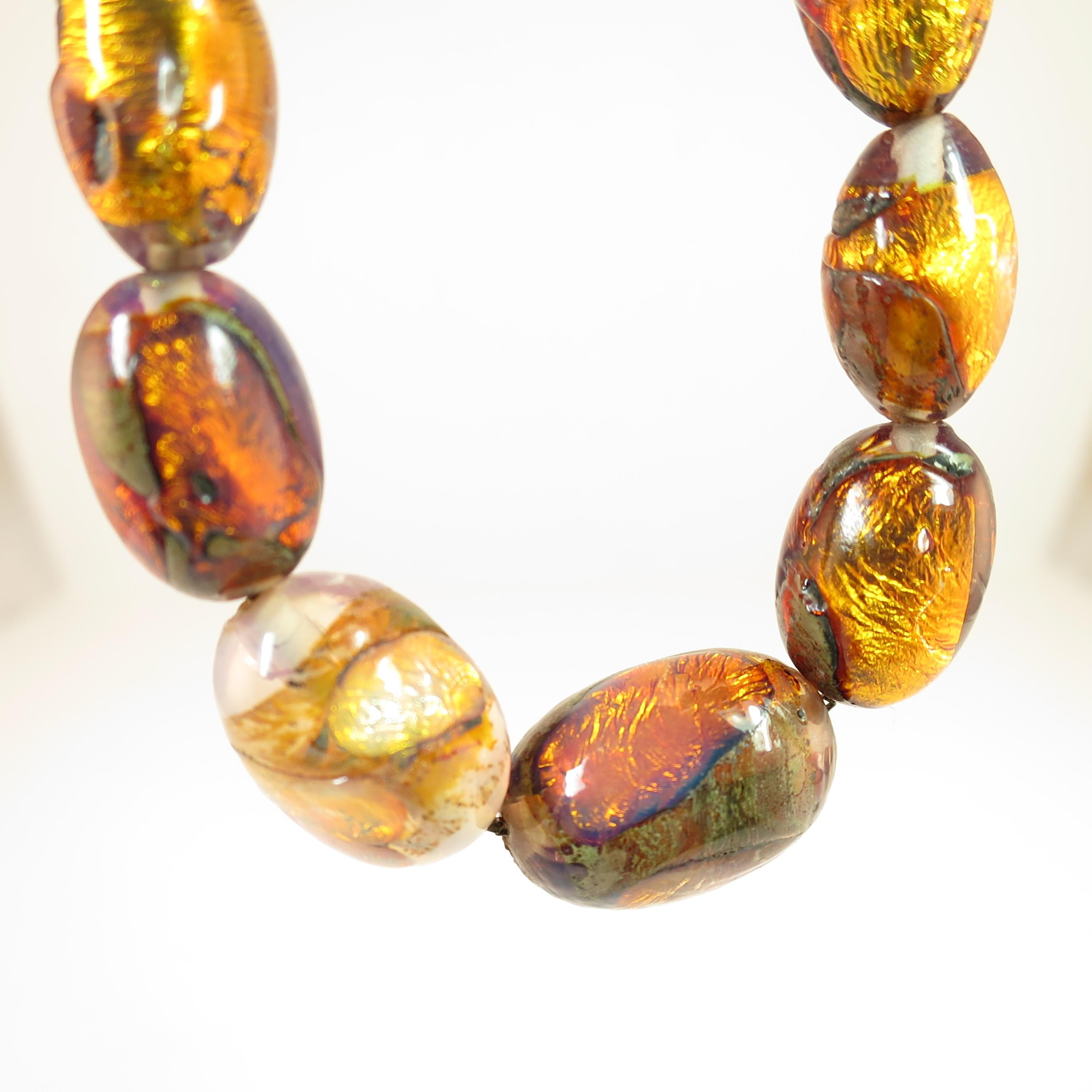 Venetian Fire Opal Foiled Glass Bead Necklace 1950s For Sale 6