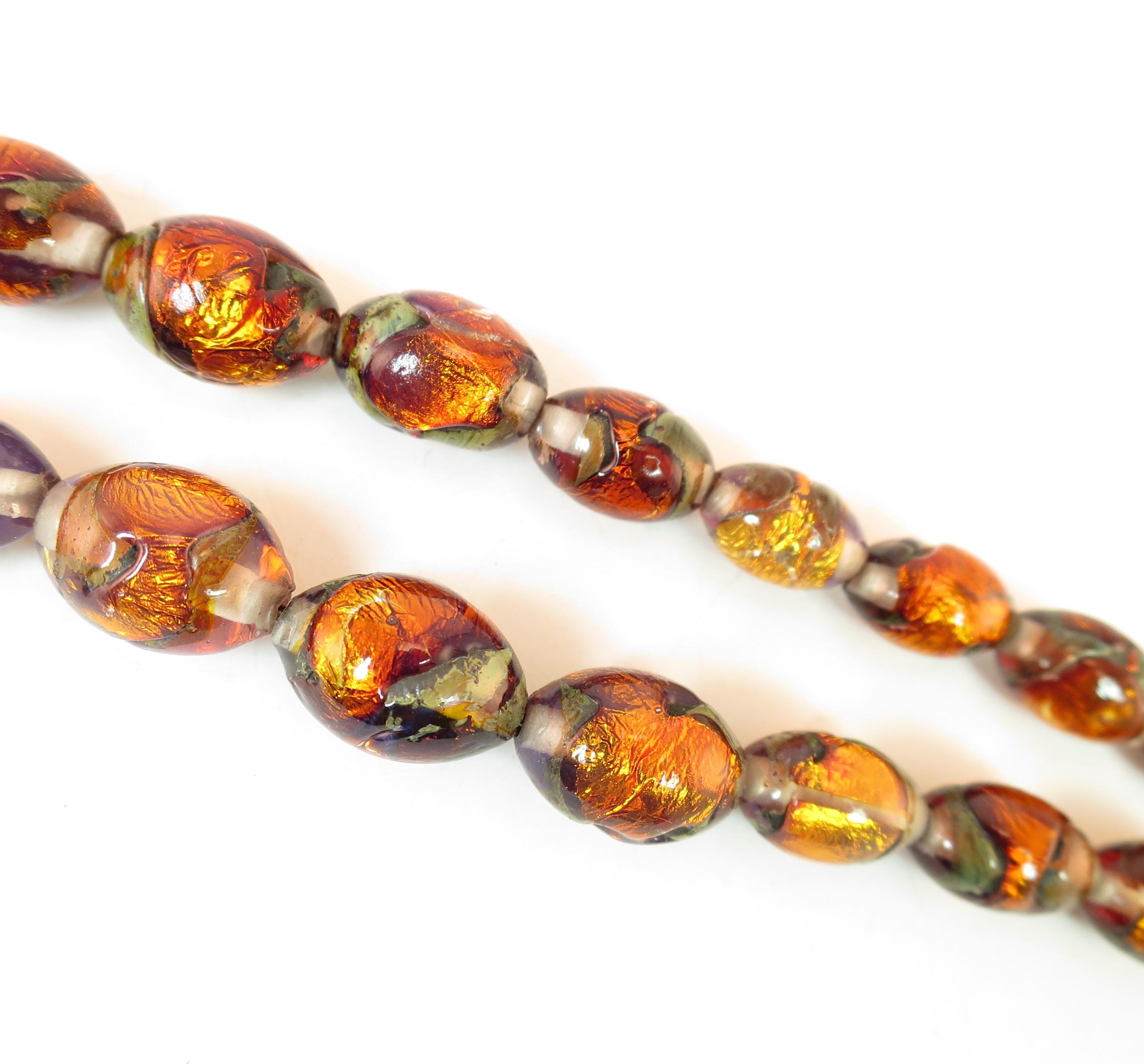 Venetian Fire Opal Foiled Glass Bead Necklace 1950s For Sale 7
