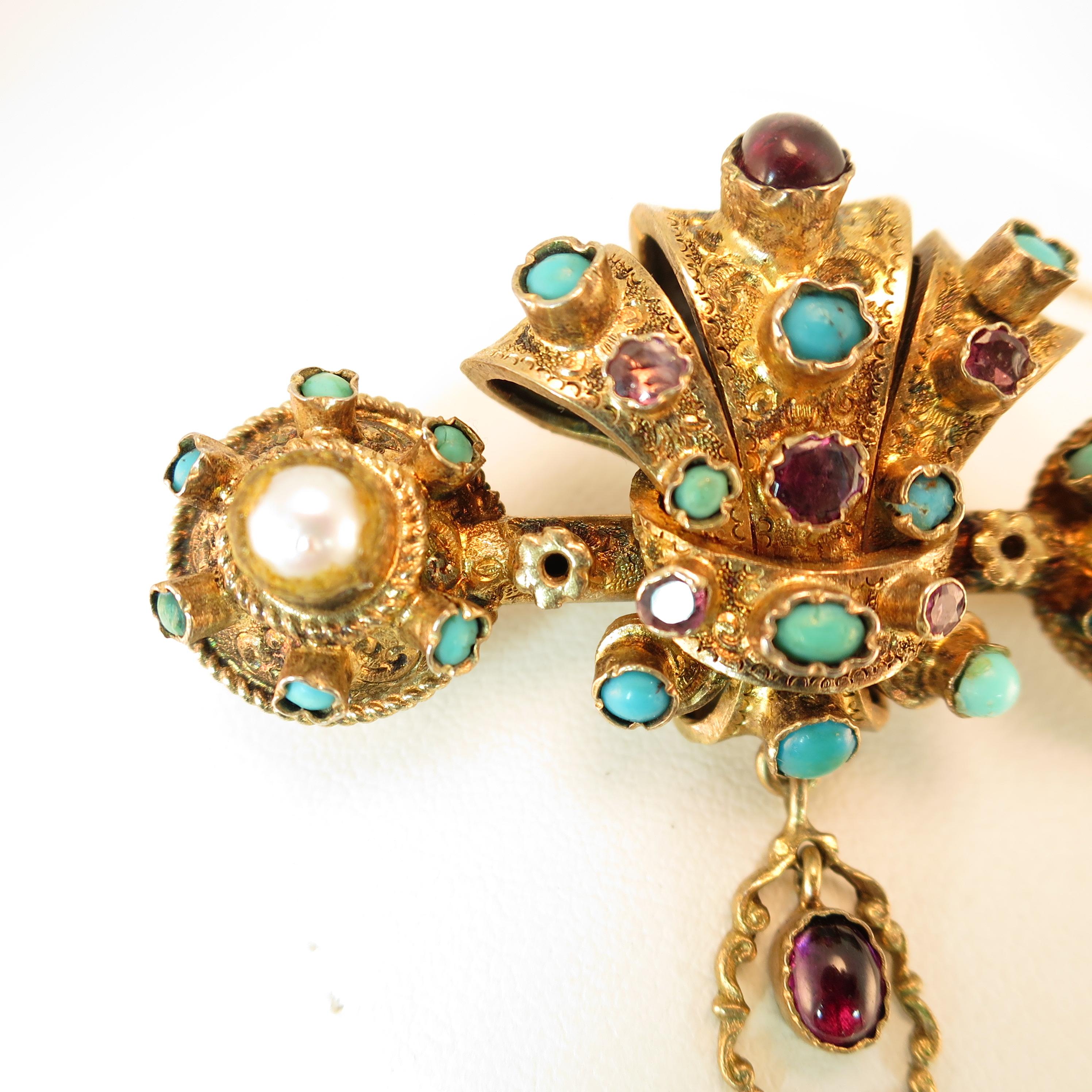 Georgian Baroque Brooch 10k Gold Amethyst Turquoise Pearls Circa 1840 In Good Condition For Sale In Burbank, CA