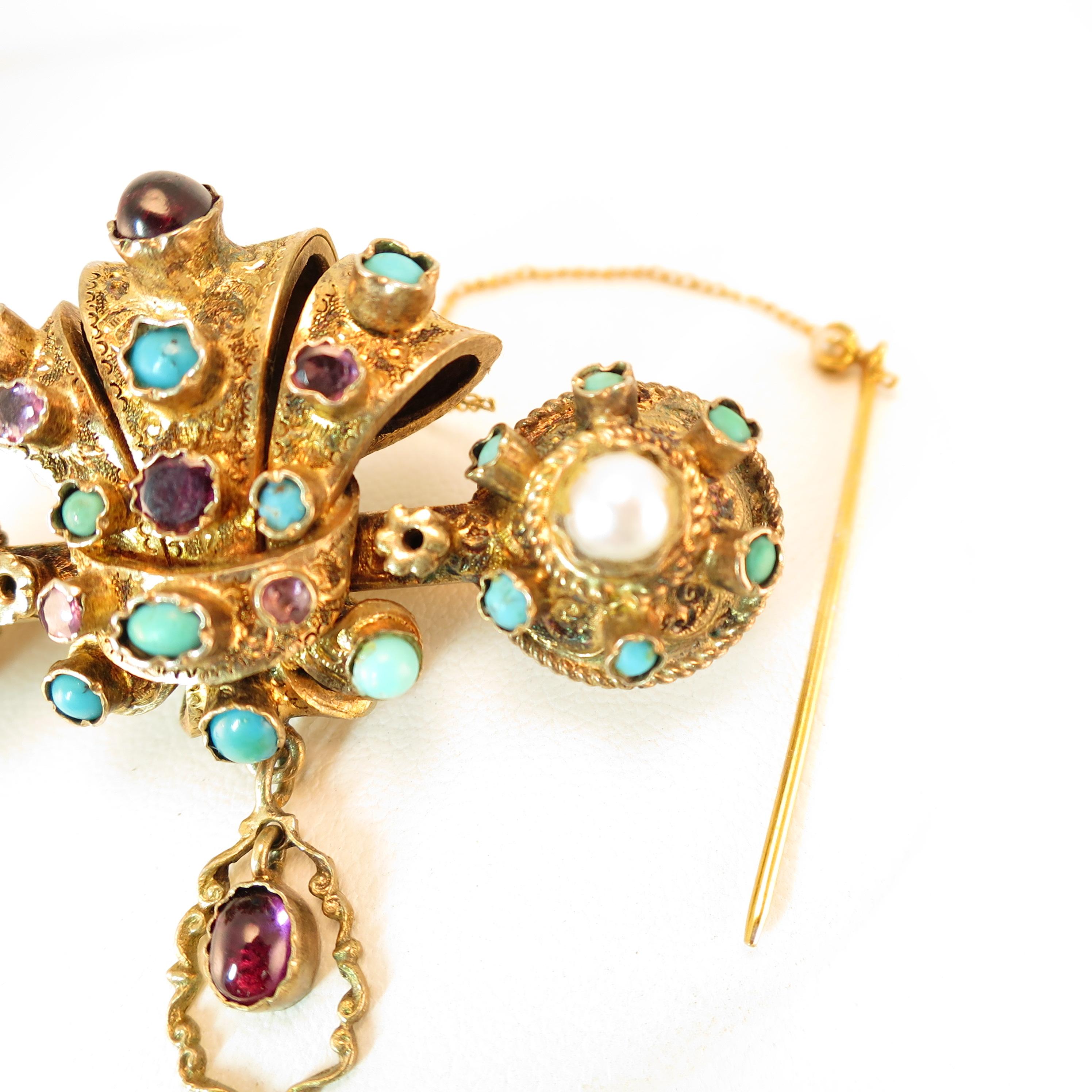 Women's Georgian Baroque Brooch 10k Gold Amethyst Turquoise Pearls Circa 1840 For Sale