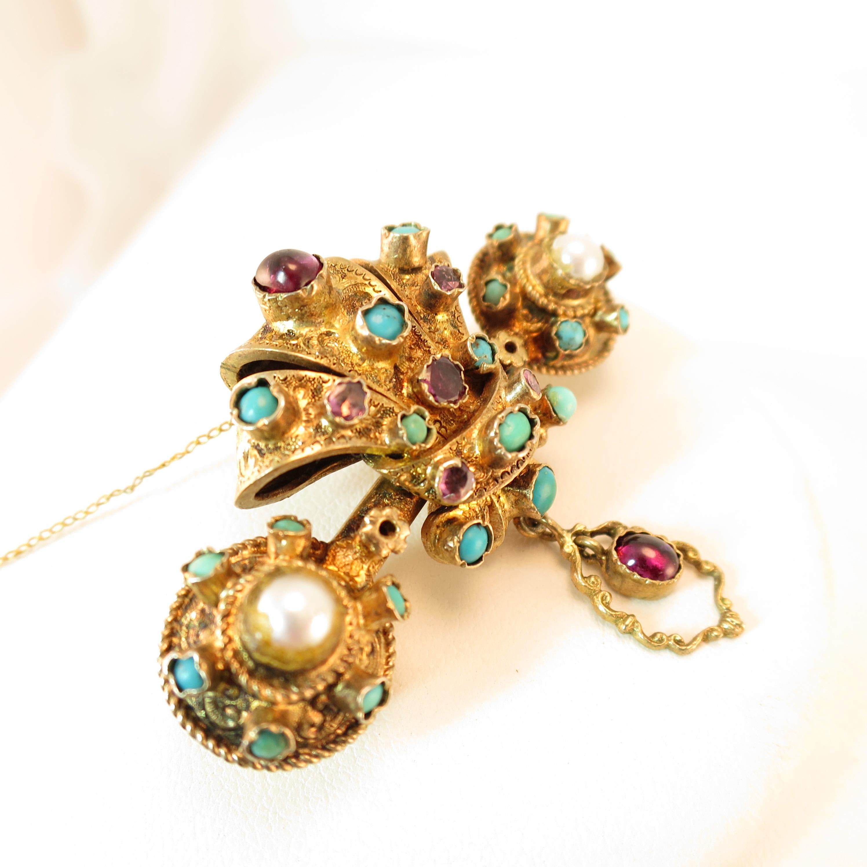 Georgian Baroque Brooch 10k Gold Amethyst Turquoise Pearls Circa 1840 For Sale 1