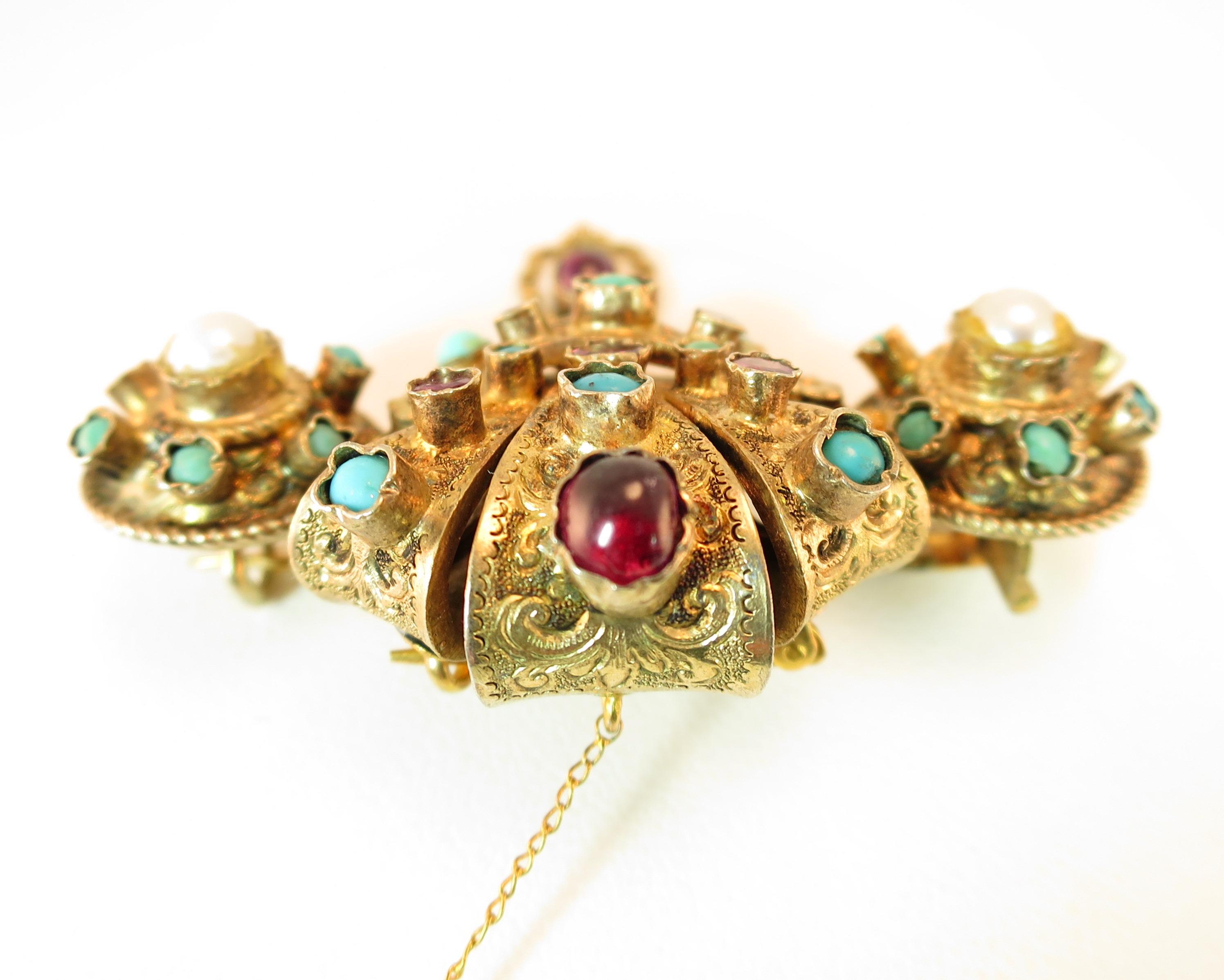 Georgian Baroque Brooch 10k Gold Amethyst Turquoise Pearls Circa 1840 For Sale 2