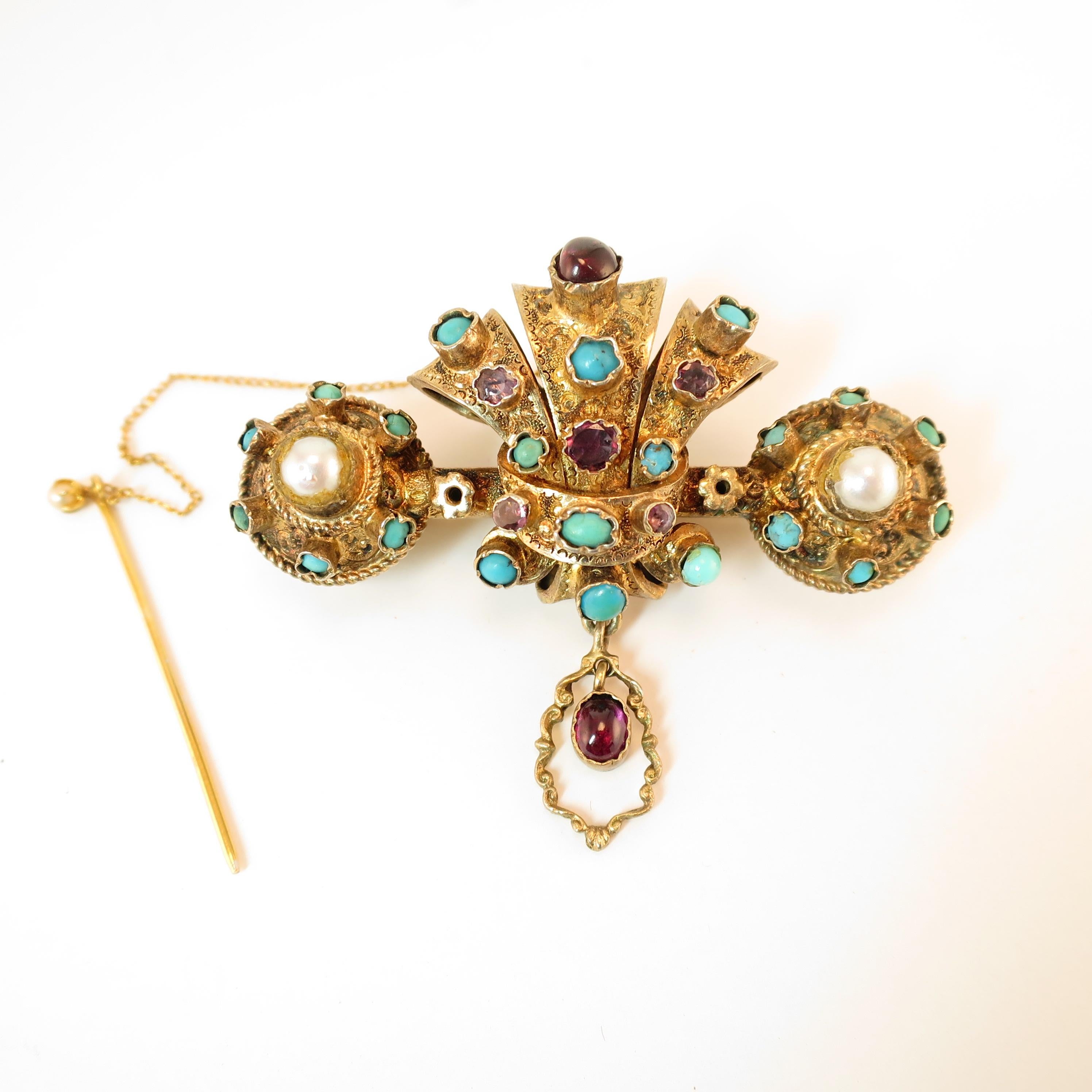 Georgian Baroque Brooch 10k Gold Amethyst Turquoise Pearls Circa 1840 For Sale 3
