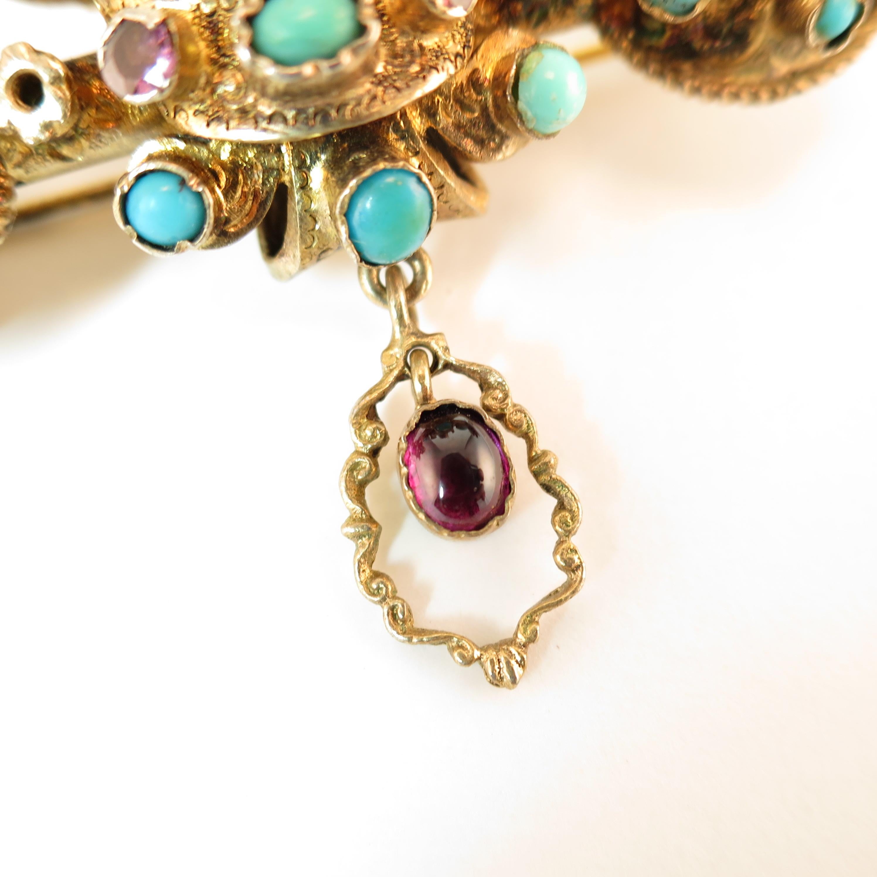 Georgian Baroque Brooch 10k Gold Amethyst Turquoise Pearls Circa 1840 For Sale 4