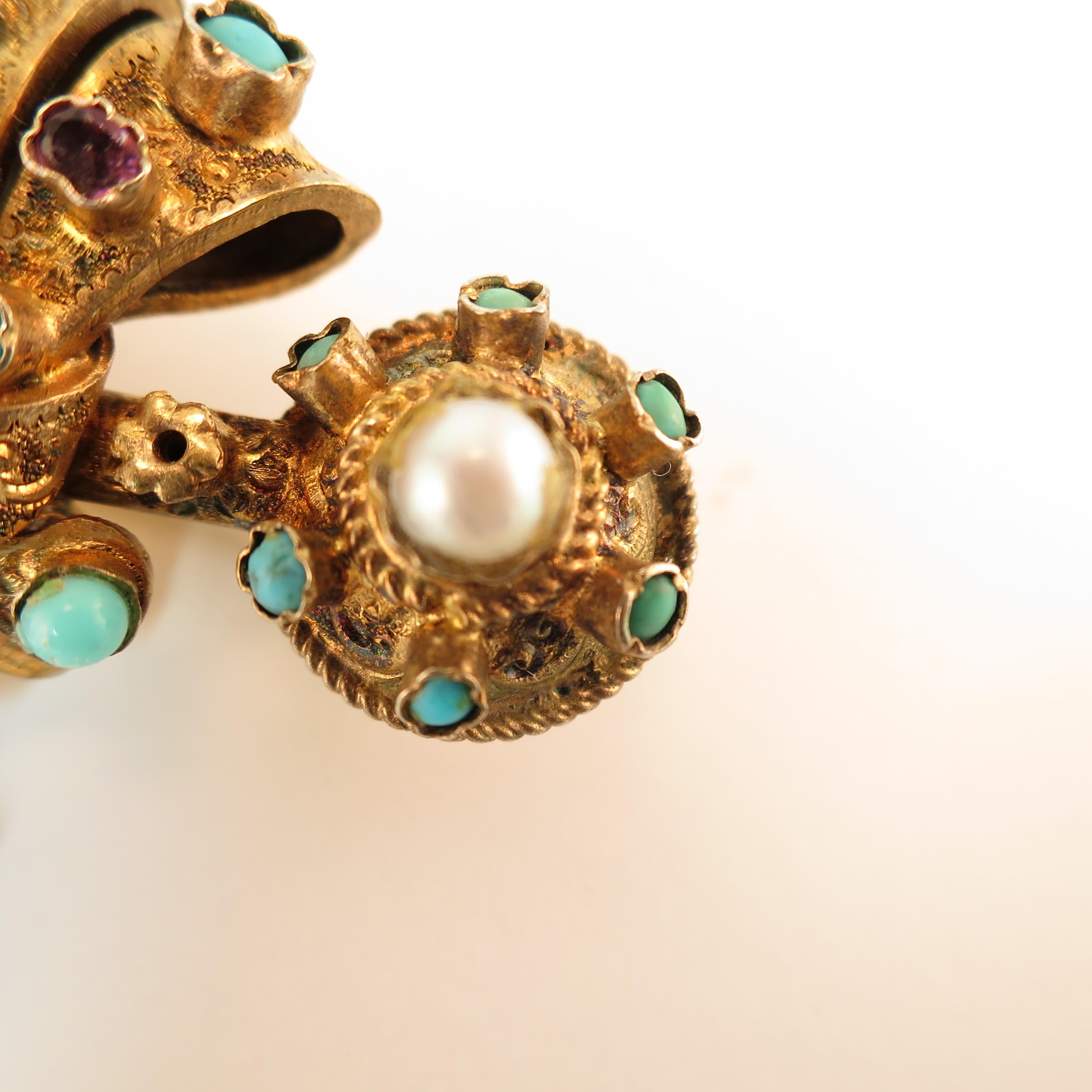 Georgian Baroque Brooch 10k Gold Amethyst Turquoise Pearls Circa 1840 For Sale 5