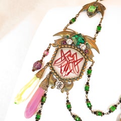 Massive Czech Art Deco Egyptian Revival Painted Glass & Crystal Necklace 1920s