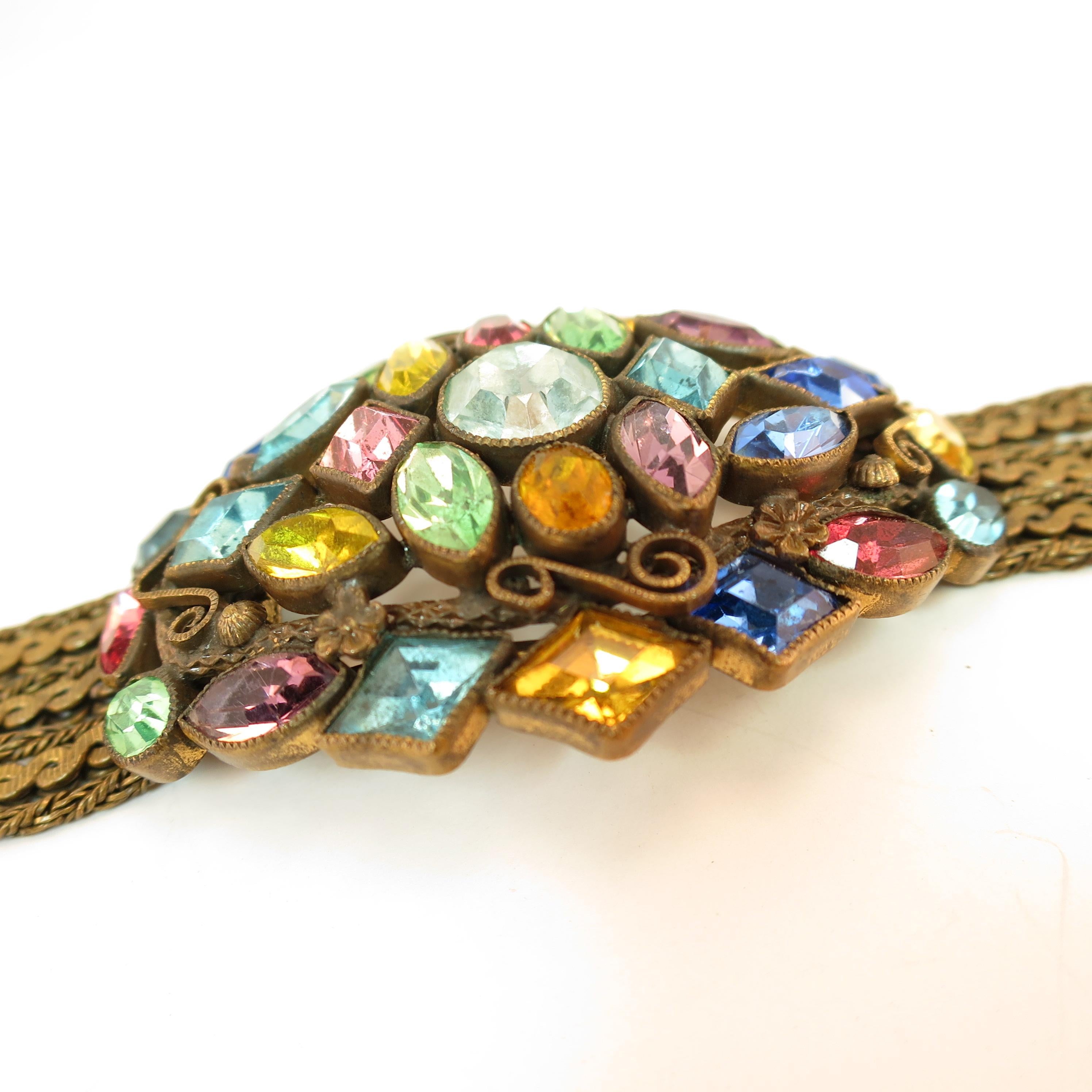 Czech Art Deco Jewel-Tone Bohemian Crystal & Chains Bracelet 1920s Damen im Angebot